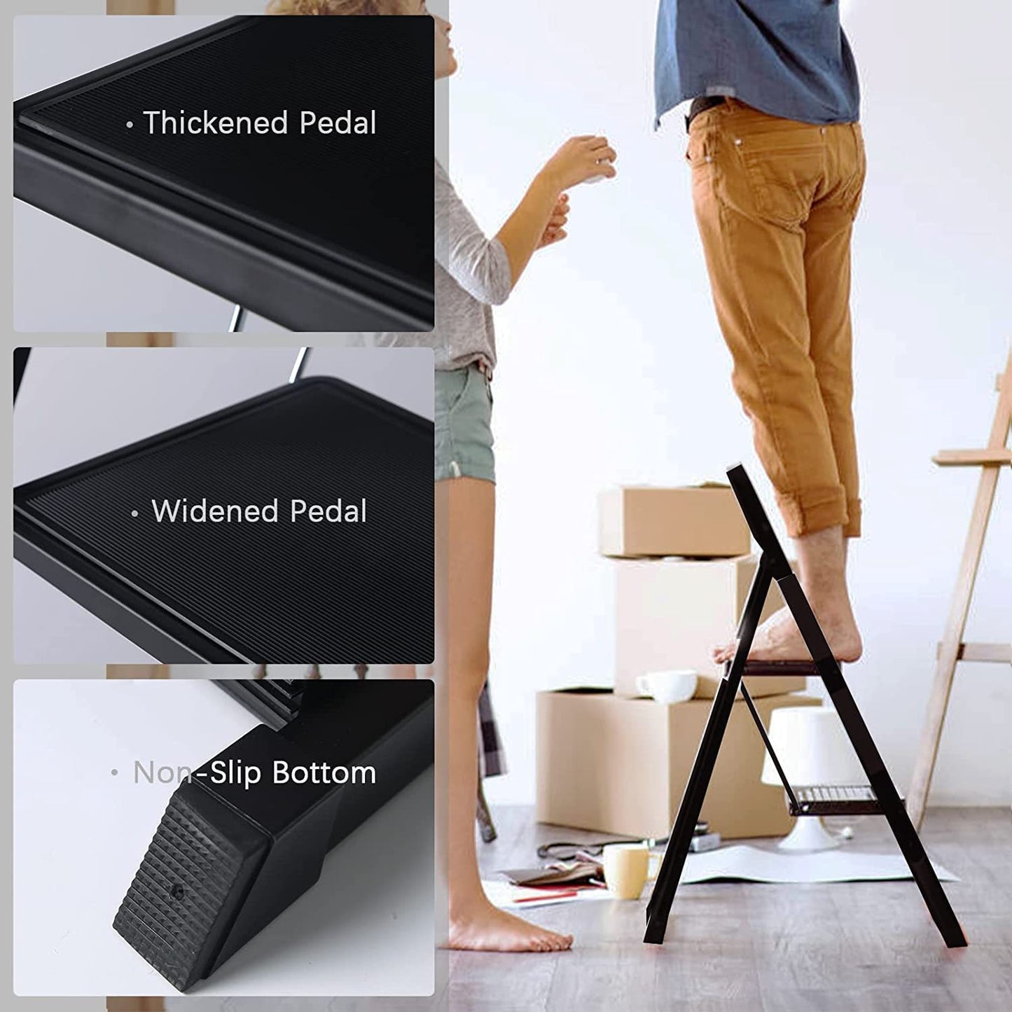 3 Step Ladder, Folding Step Stool with Wide Anti-Slip Pedal, 330 lbs Sturdy Steel Ladder, Convenient Handgrip, Lightweight, Portable Steel Step Stool, Black (HILADDFOLD3B)