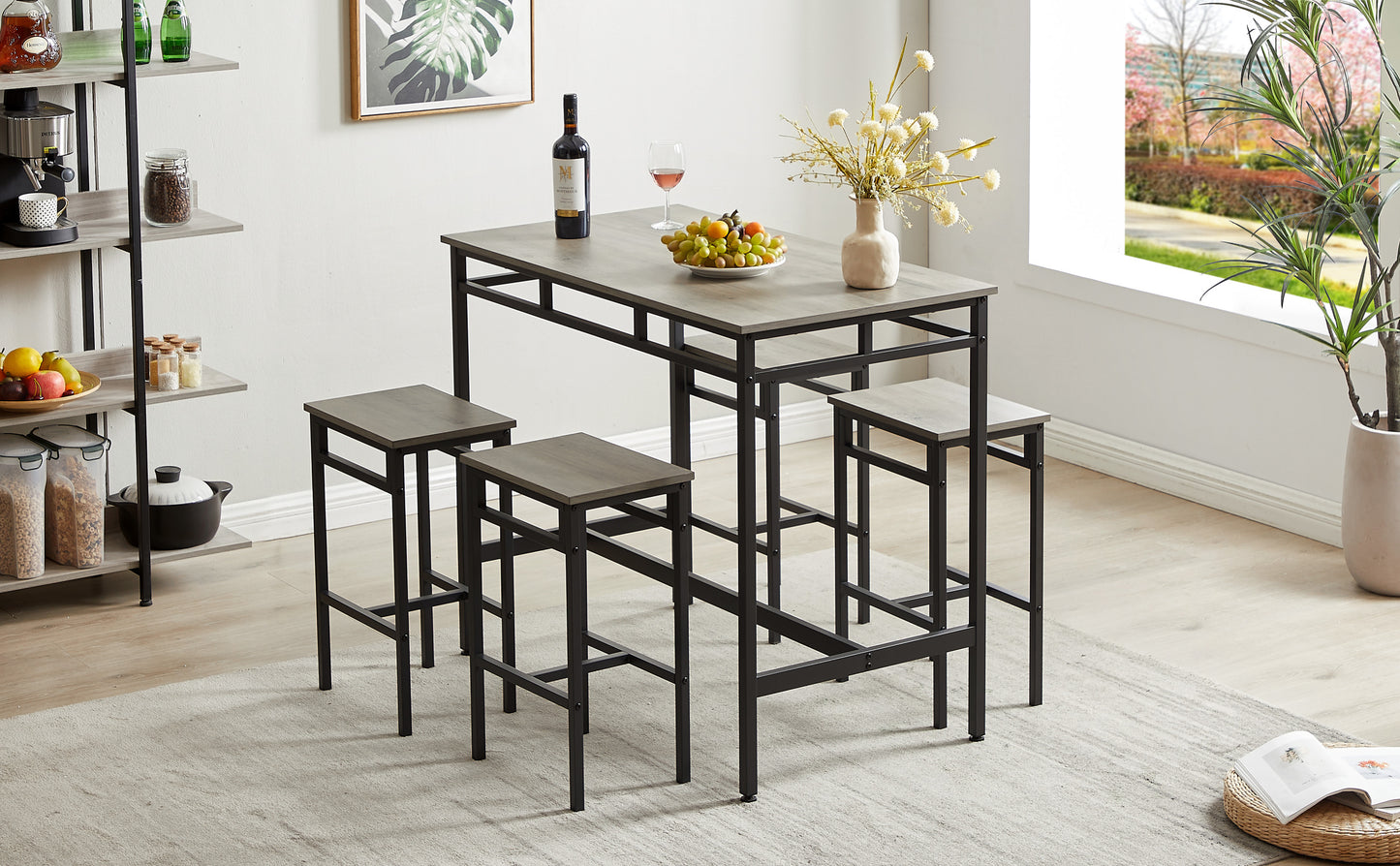 Bar table set 5PC Dinging table set with high stools, structural strengthening, industrial style. Grey, 43.31'' L x 23.62'' W x 35.43'' H.