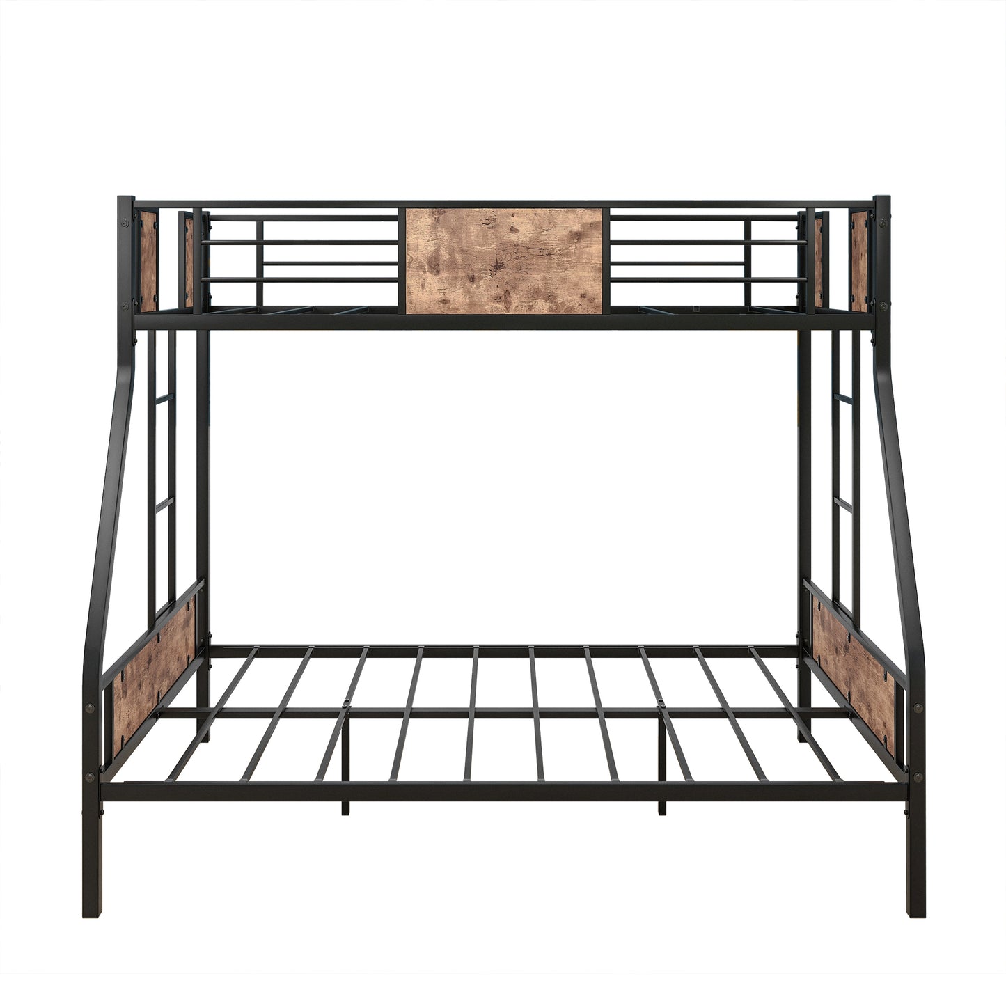 Sturdy Black Metal Bunk Bed with Brown Wood Panels