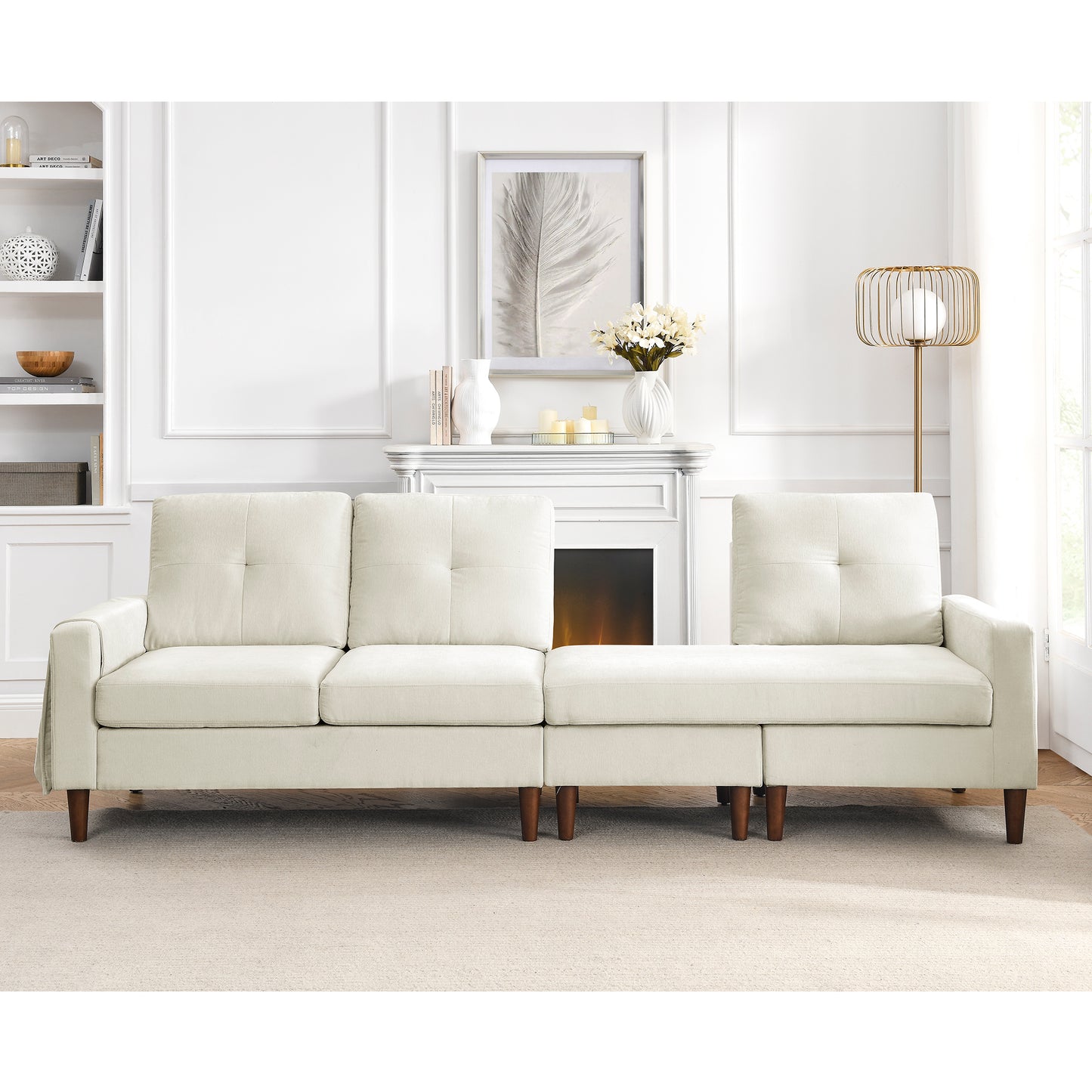 80 Convertible L-Shaped Sectional Sofa with Reversible Chaise and Removable Cushions, Beige Chenille