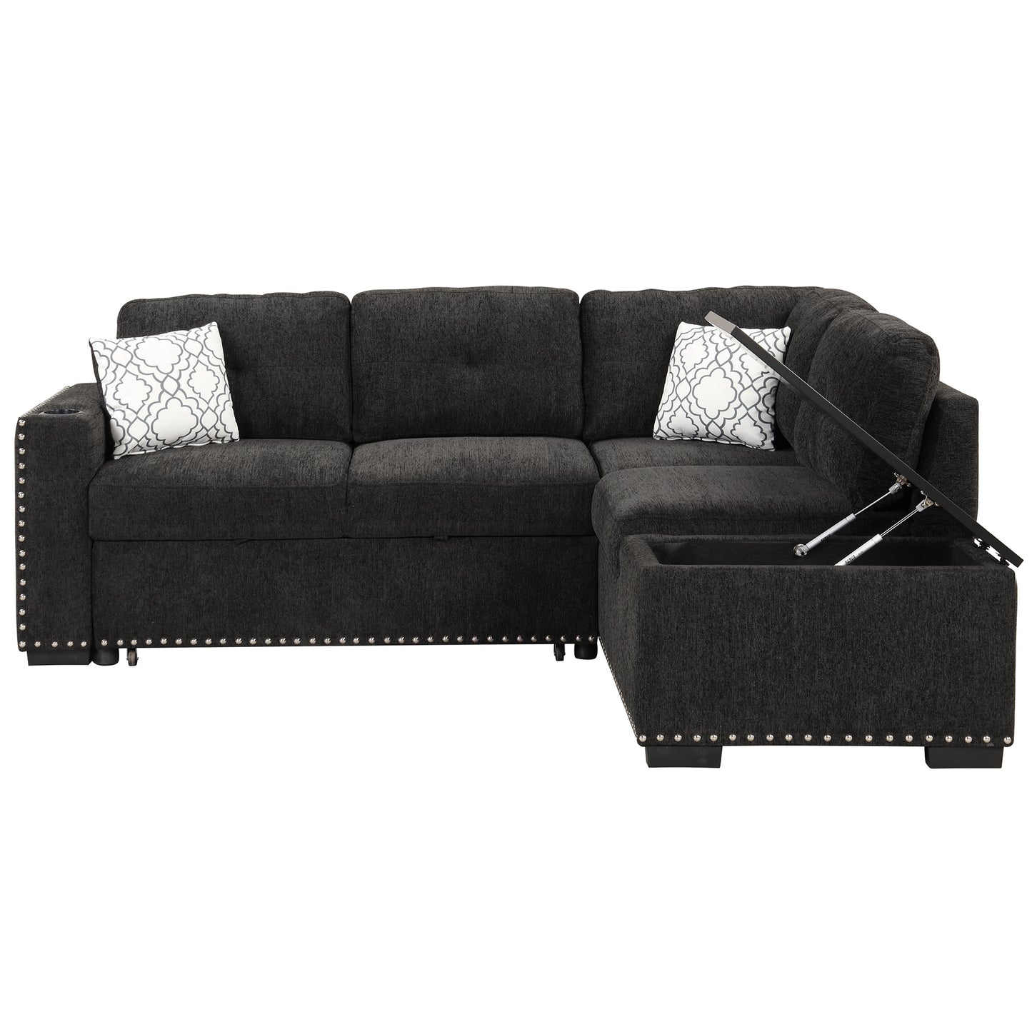 83.8 L-Shaped Reversible Sectional Sleeper Sofa with Cup Holder and USB Ports, Black