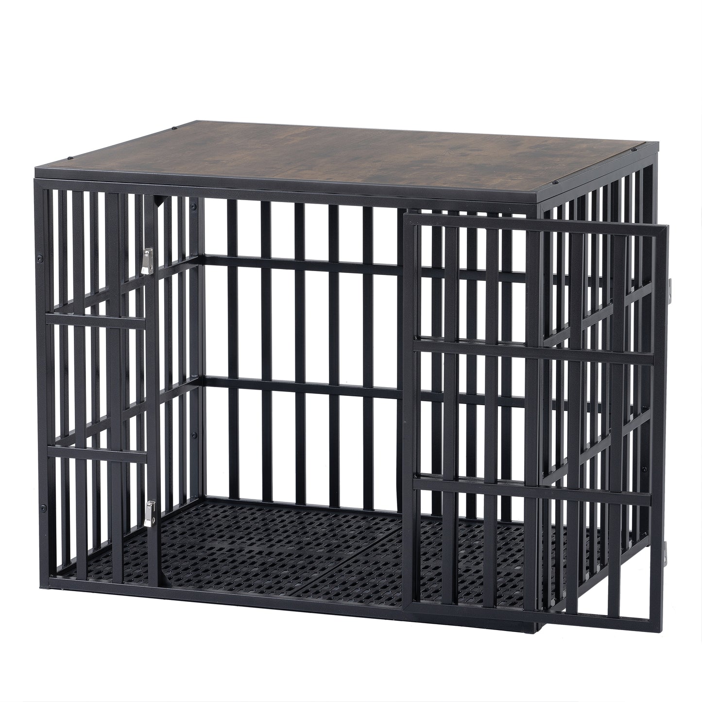 NEW HEAVY DUTY DOG CRATE FURNITURE FOR LARGE DOGS WOOD & STEEL DESIGN DOG CAGE INDOOR & OUTDOOR PET KENNEL 38X30X32INCH PET PLAYPEN WITH COVER METAL DOG FENCE CRATE BLACK