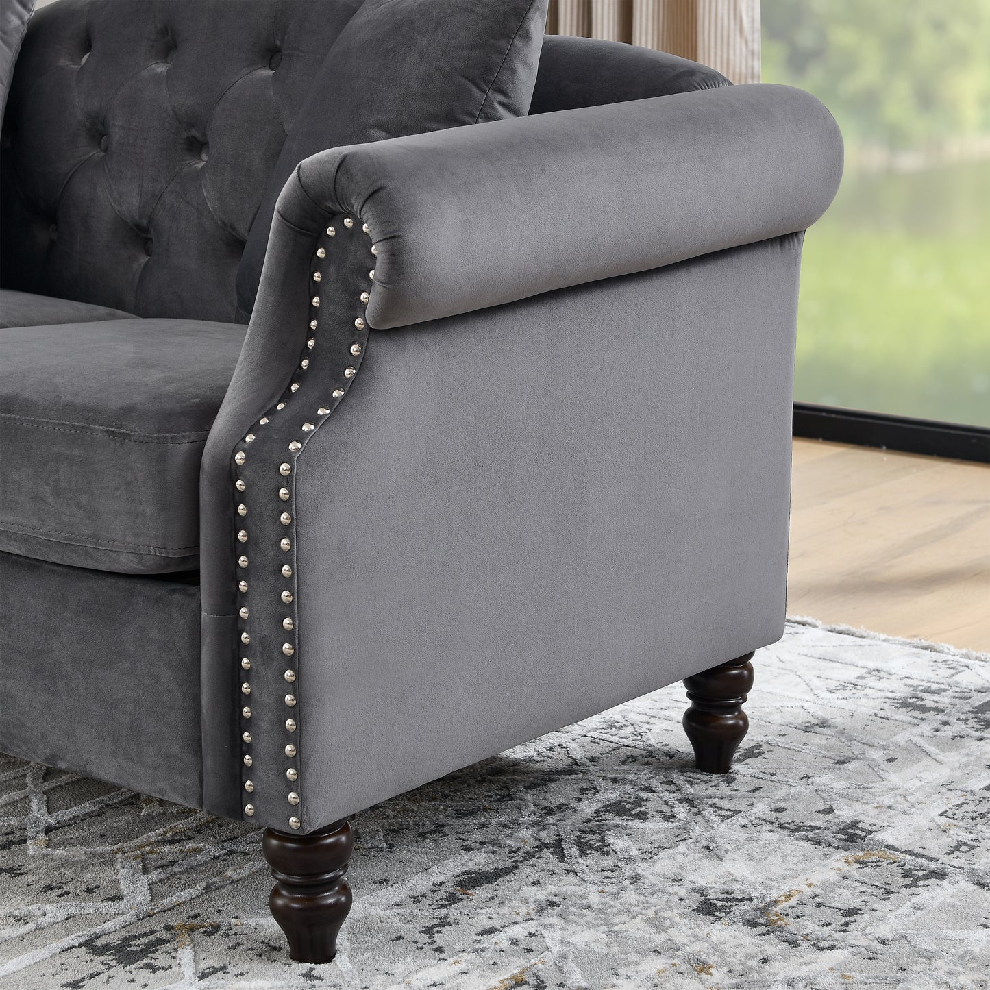 Grey Velvet Chesterfield 3-Seater Sofa Combination with Nailhead Trim