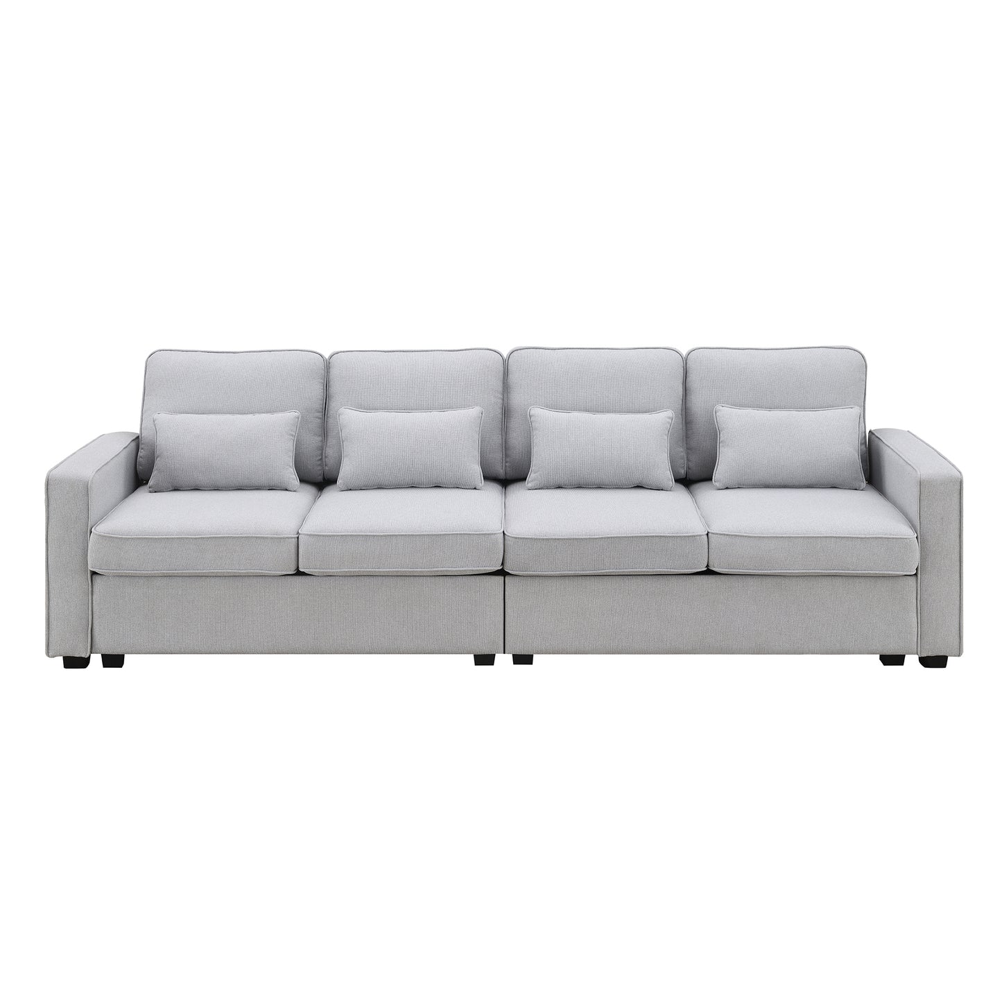 Spacious 4-Seater Linen Fabric Sofa with Armrest Pockets and 4 Pillows