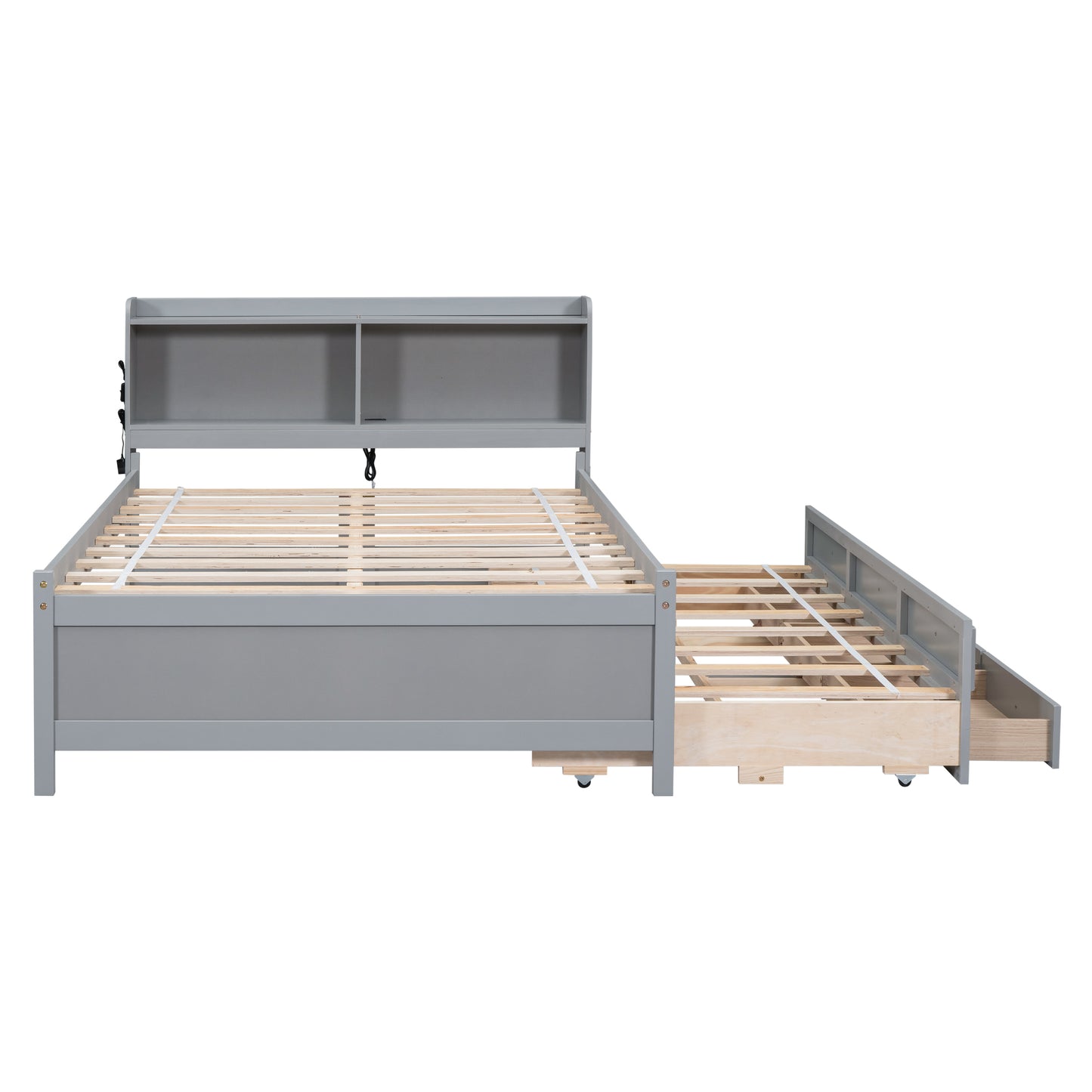 Full Size Bed with USB & Type-C Ports, LED light, Bookcase Headboard, Trundle and 3 Storage Drawers , Full Size Size Bed with  Bookcase Headboard, Trundle and Storage drawers ,Grey