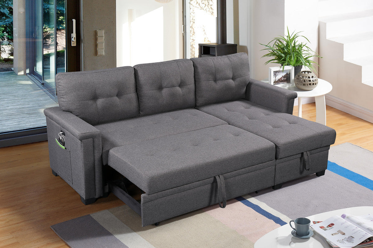 Gray Linen Sleeper Sectional Sofa with Storage Chaise, USB Charging Ports and Pocket