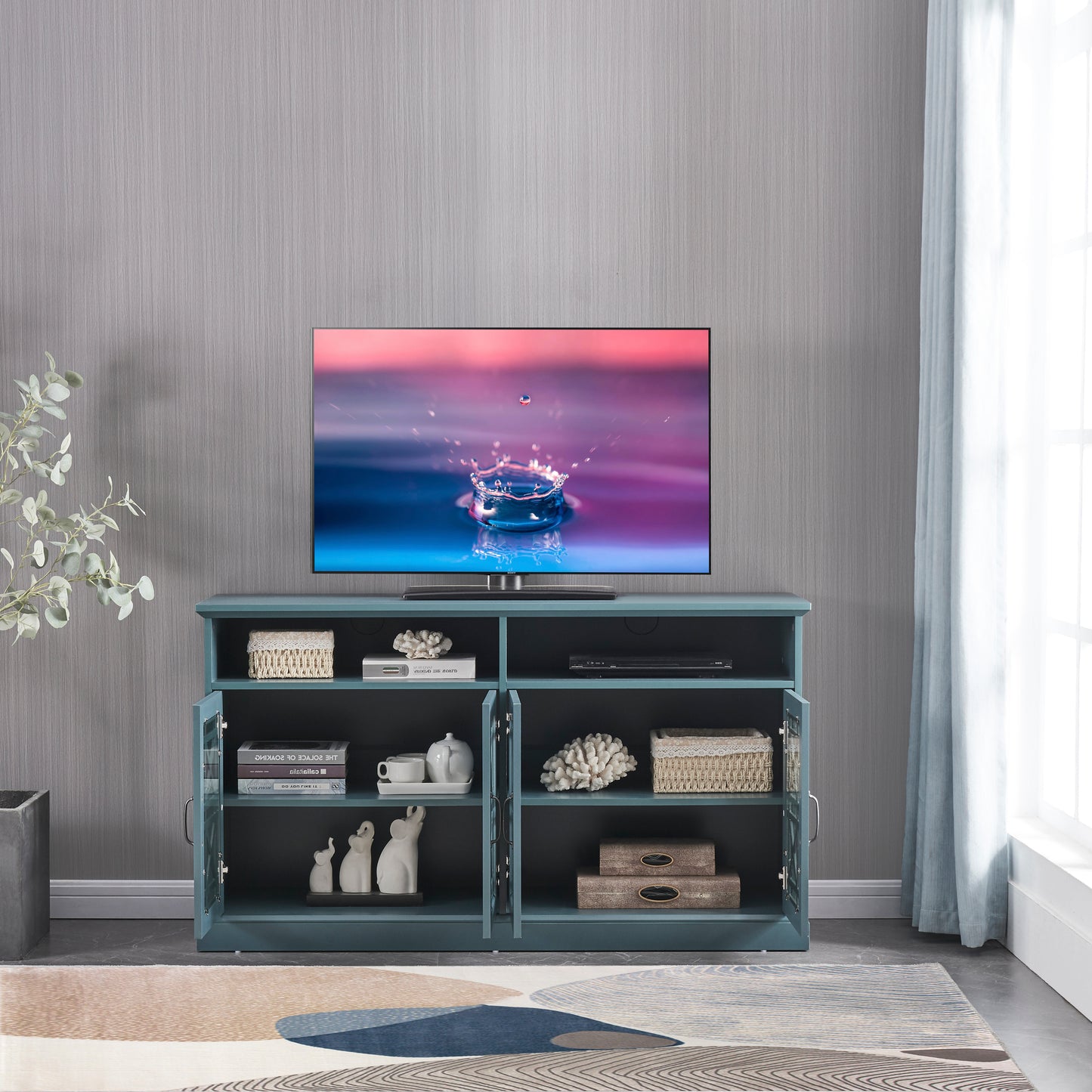 Versatile Teal Entertainment Console with Storage Buffet Cabinet