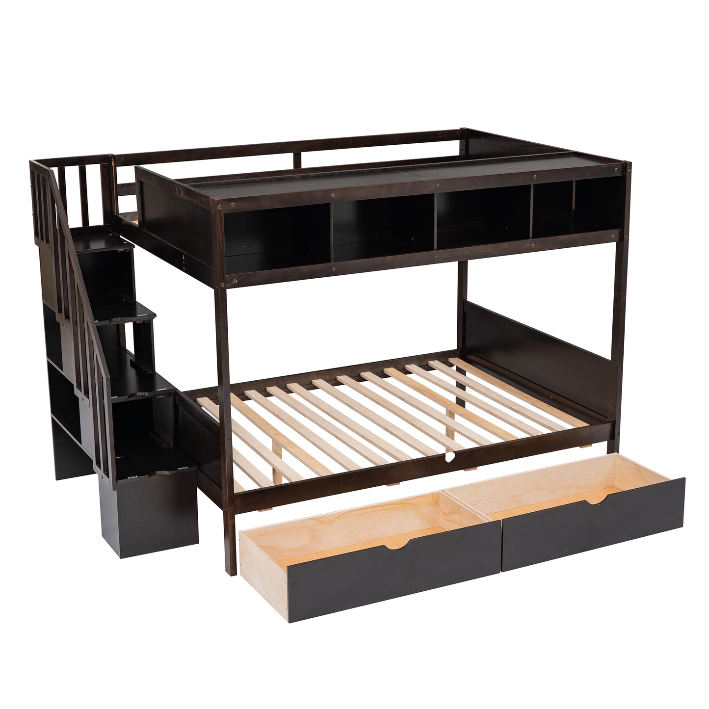 Espresso Finish Twin over Full Bunk Bed with Storage Staircase, Shelves, and 2 Drawers