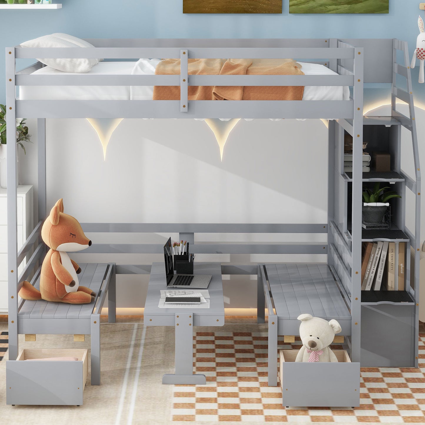 Full over Full Size Bunk with staircase,the Down Bed can be Convertible to Seats and Table Set,Gray