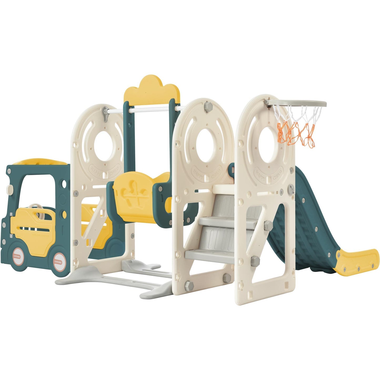 Kids Swing-N-Slide with Bus Play Structure, Freestanding Bus Toy with Slide&Swing for Toddlers, Bus Slide Set with Basketball Hoop