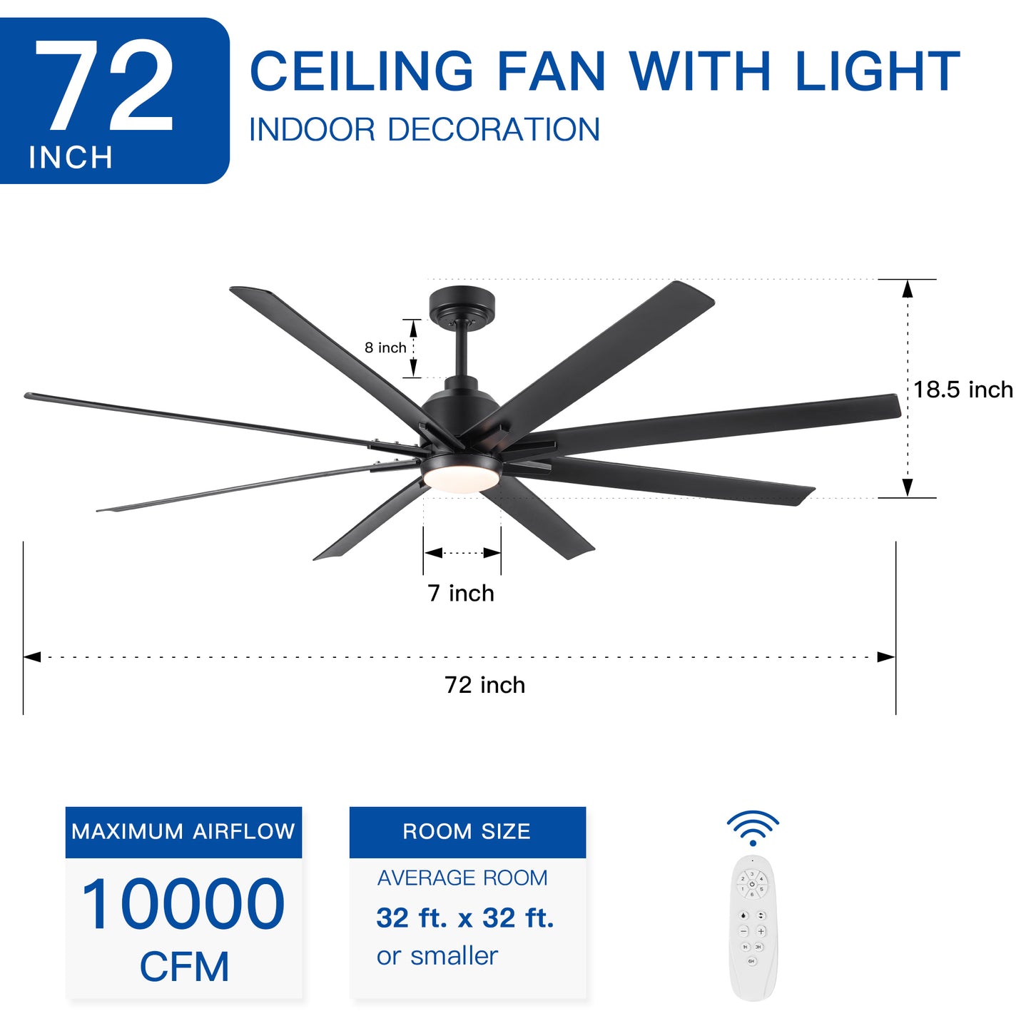 72-Inch Large Ceiling Fan with Integrated LED Light and Black ABS Blades