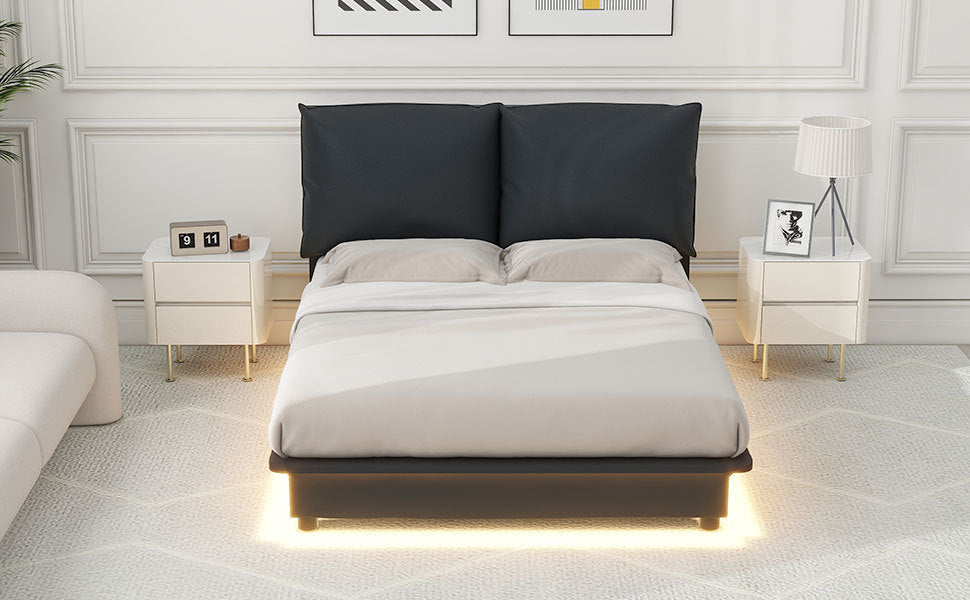 Full Size Upholstered Platform Bed with Sensor Light and Ergonomic Design Backrests, Black