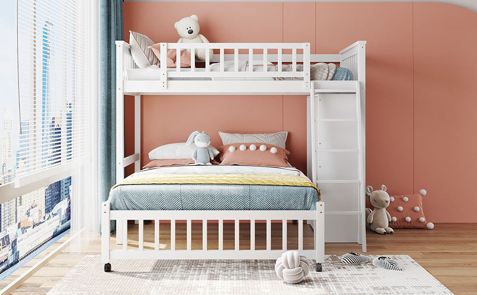 White Wooden Bunk Bed with Storage Drawers and Flexible Shelves, Twin Over Full Size Bed on Wheels