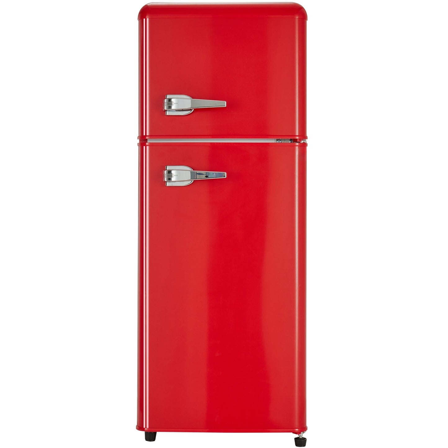 Compact Dual Zone Refrigerator with 3.3 Cu.Ft Fridge + 1.2 Cu.Ft 4-Star Freezer, 7 Temperature Settings, 45 dB, Red, Silver Handles, LED Lighting, Adjustable Shelves