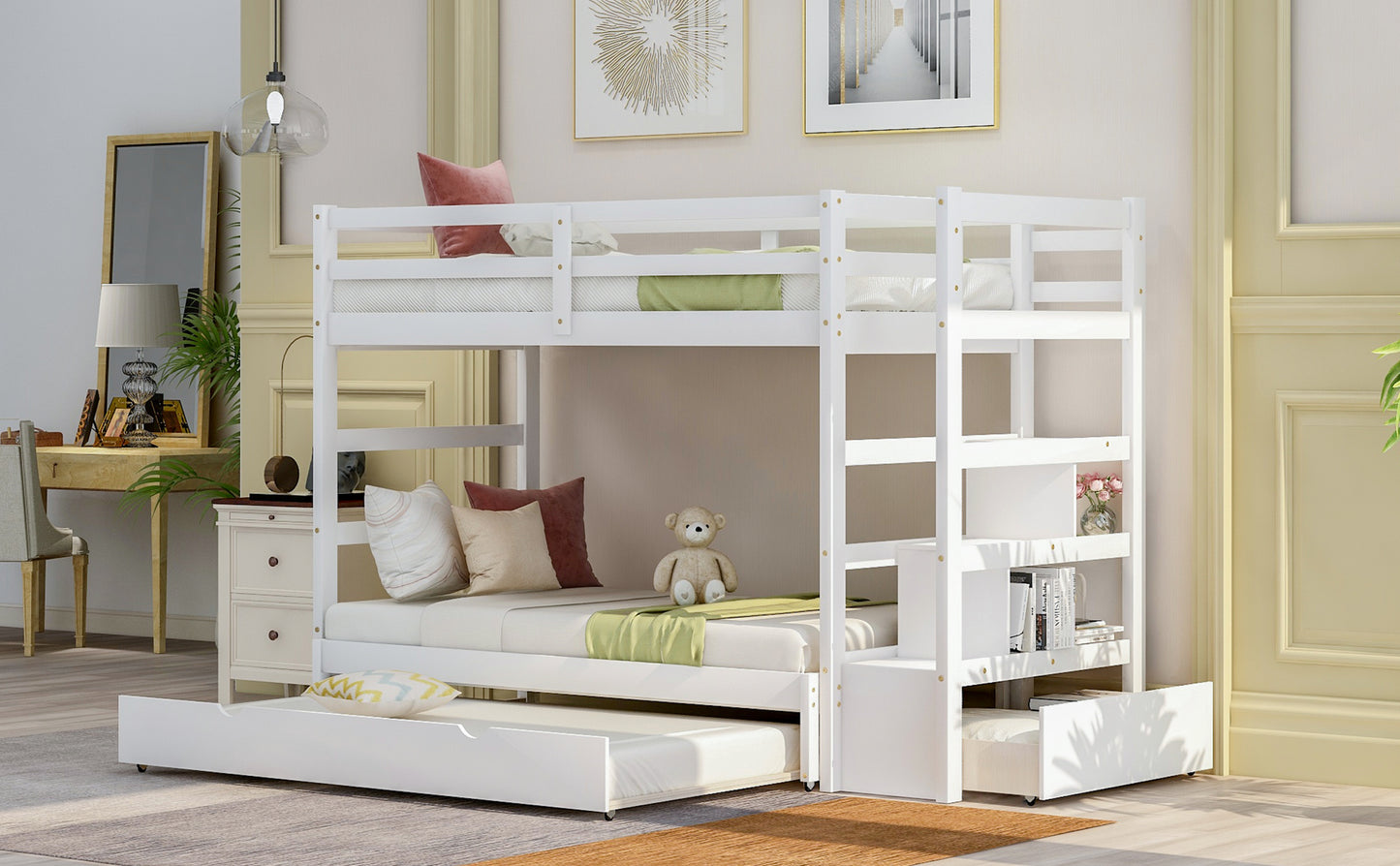 Convertible Storage Bunk Bed with Trundle, Stairs, and Versatile Design (White)