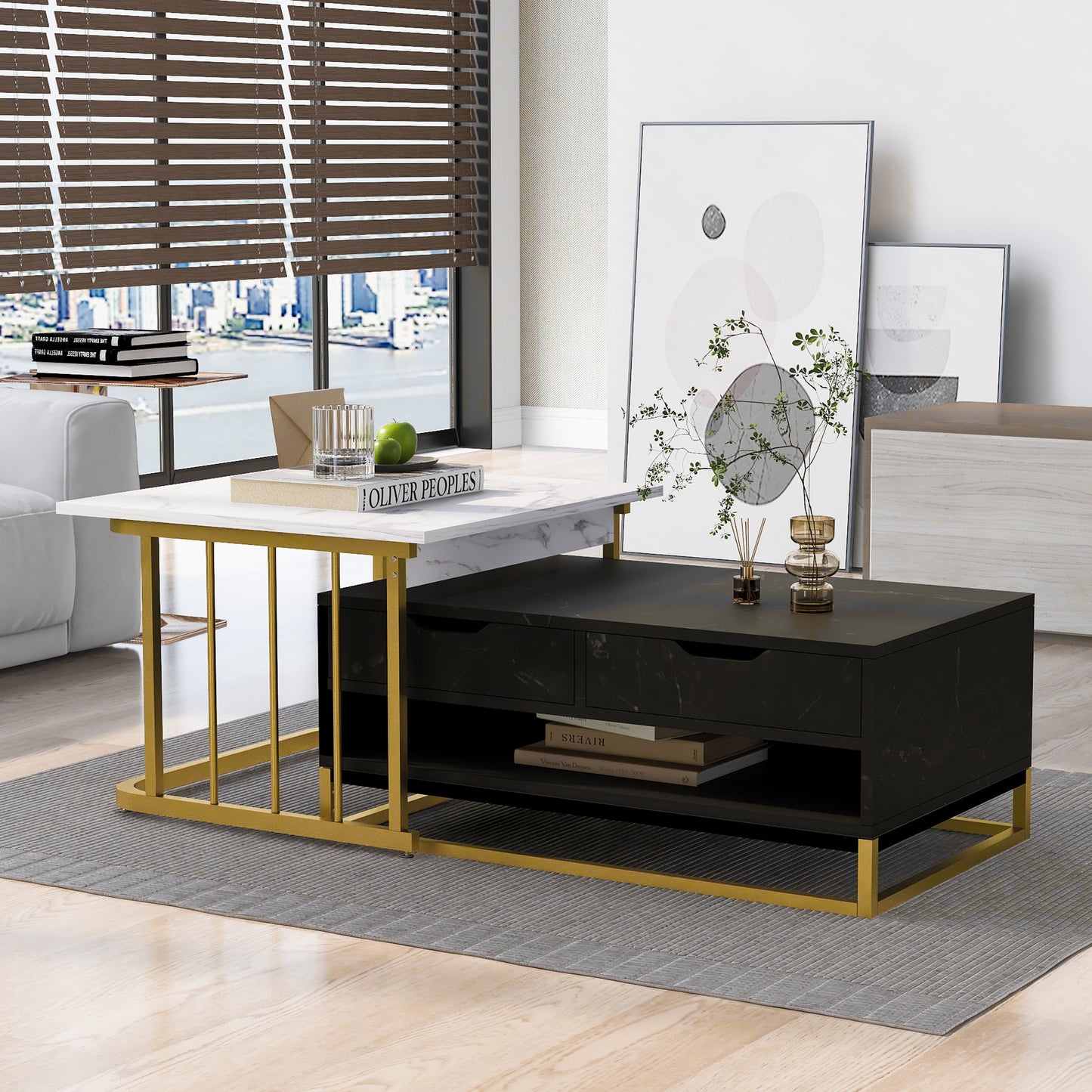 Elegant Marble Coffee Table Set with Metallic Finish and Storage Options