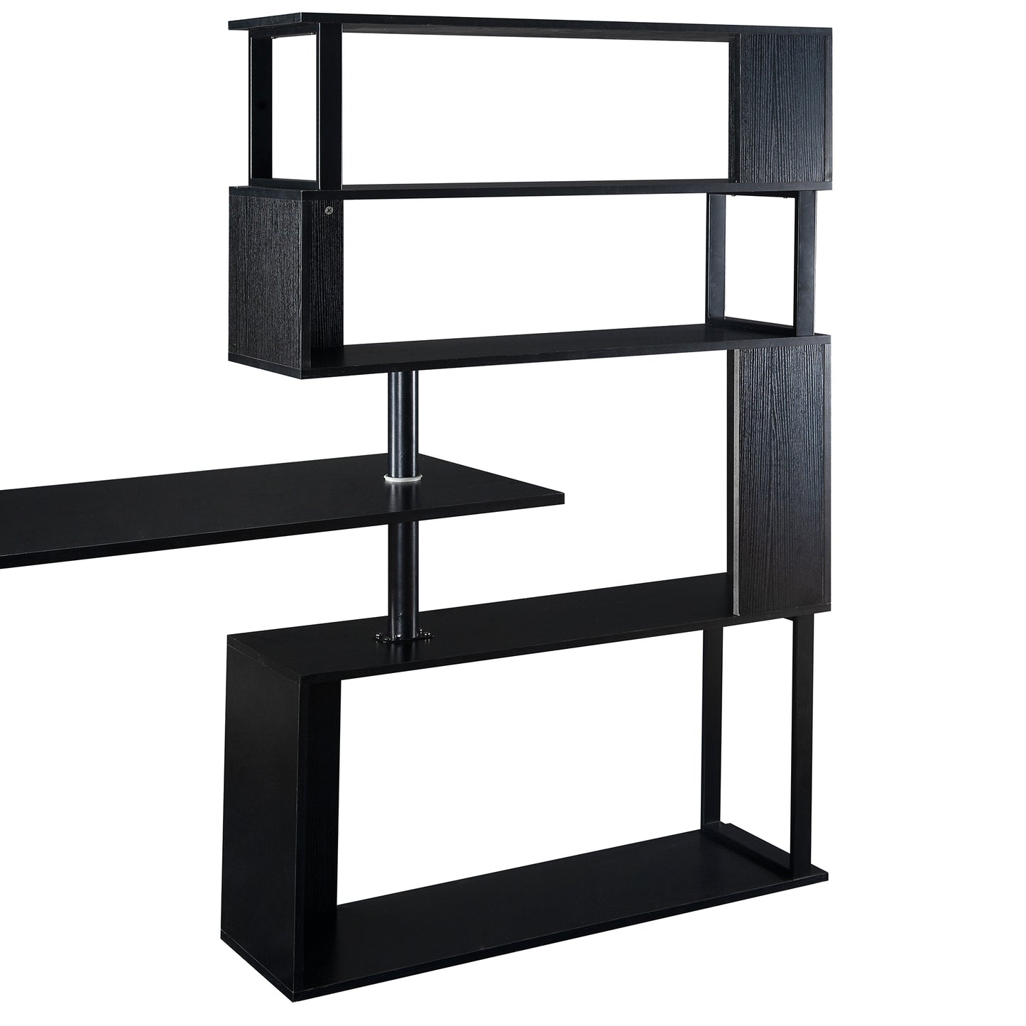 Modern L-Shaped Home Office Desk with Rotating Bookshelf and Lockable Casters