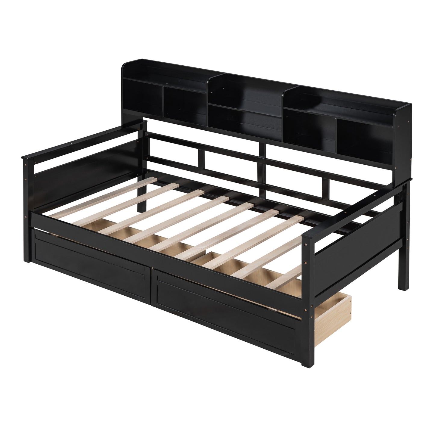 Twin size Daybed, Wood Slat Support, with Bedside Shelves and Two Drawers, Espresso