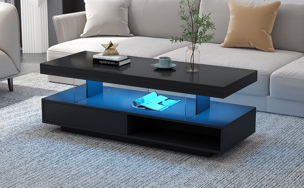 Modern Black LED Coffee Table with Storage and Display Shelves