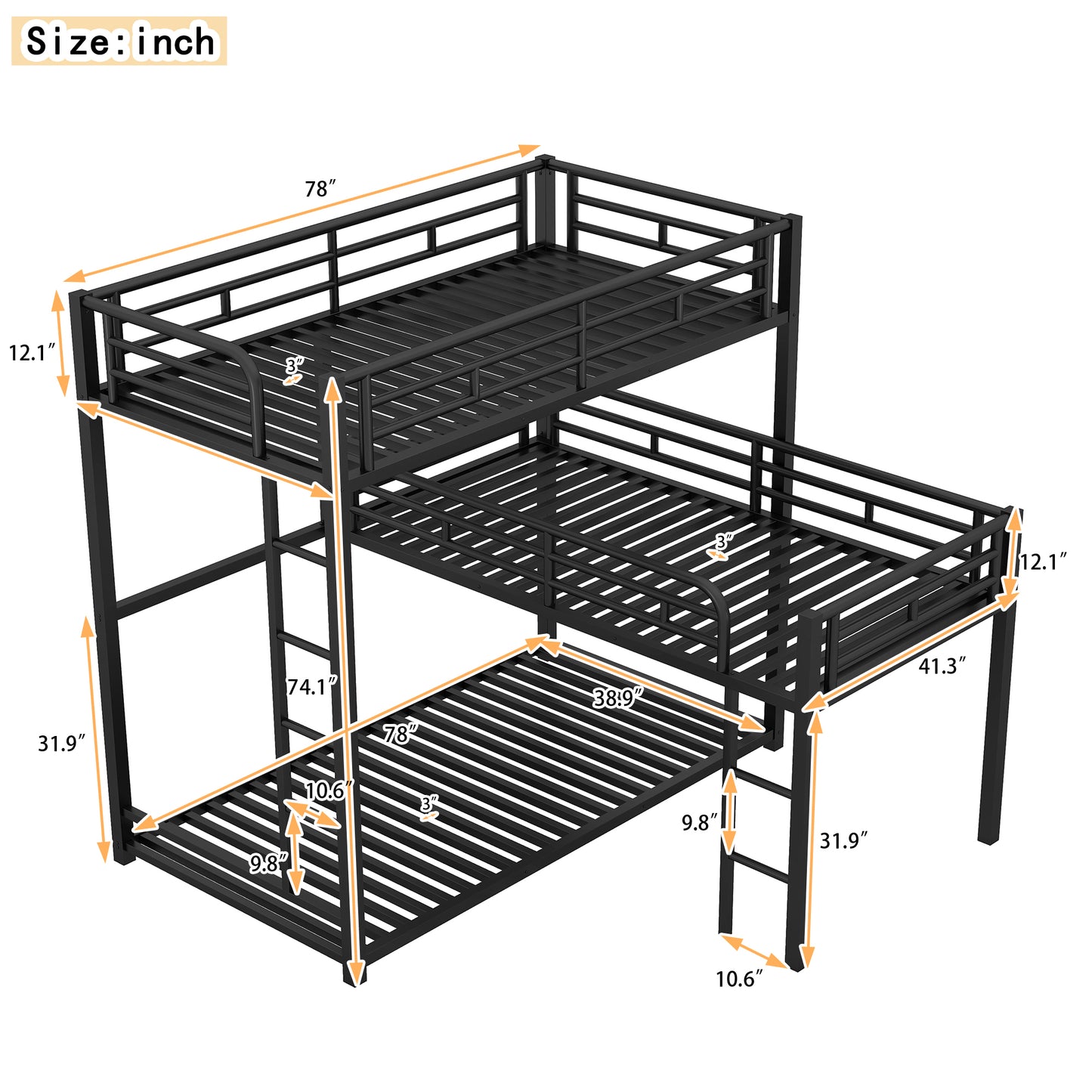 Black Metal Triple Bunk Bed with Desk and L-shaped Design