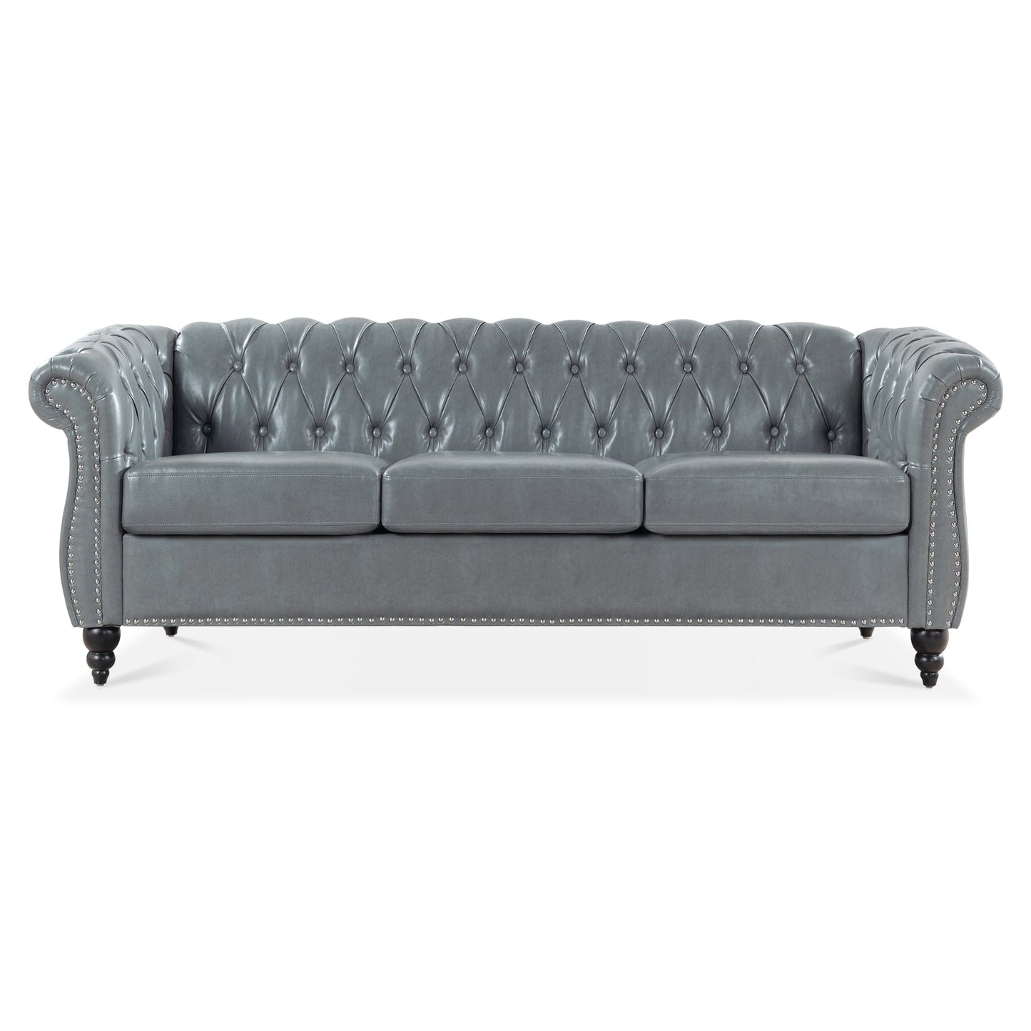 84.65 Inch 3-Seater Rolled Arm Chesterfield Sofa with Deep Buckles and PU Leather Fabric