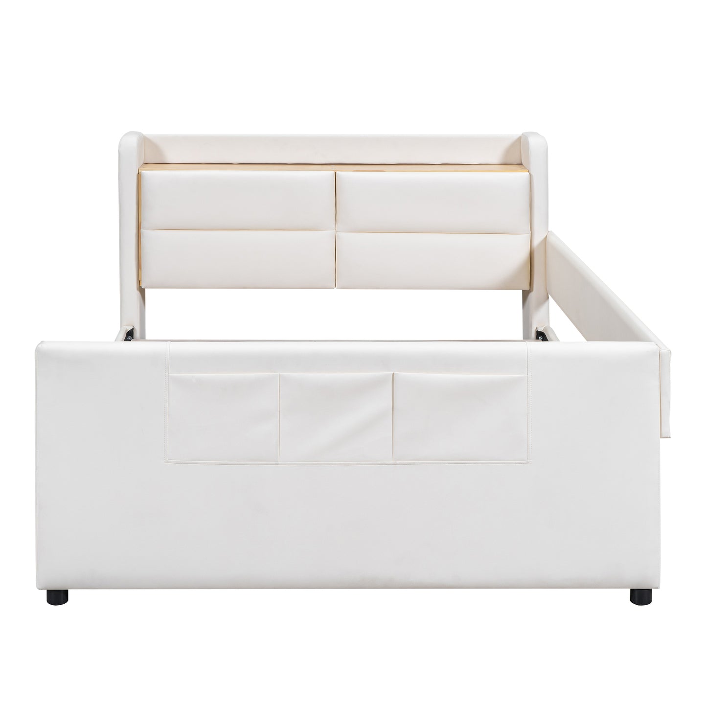 Full Size Upholstered Platform Bed with Guardrail, Storage Headboard and Footboard, Beige