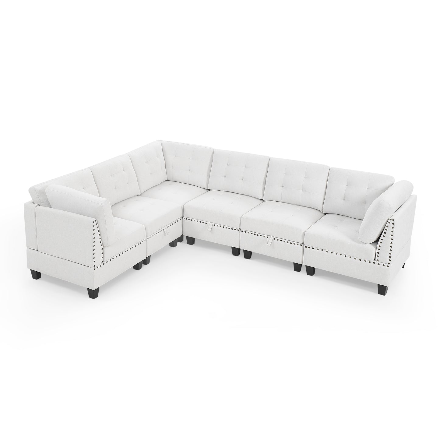 Customizable Ivory Chenille L-Shape Sectional Sofa with Copper Nail Accent