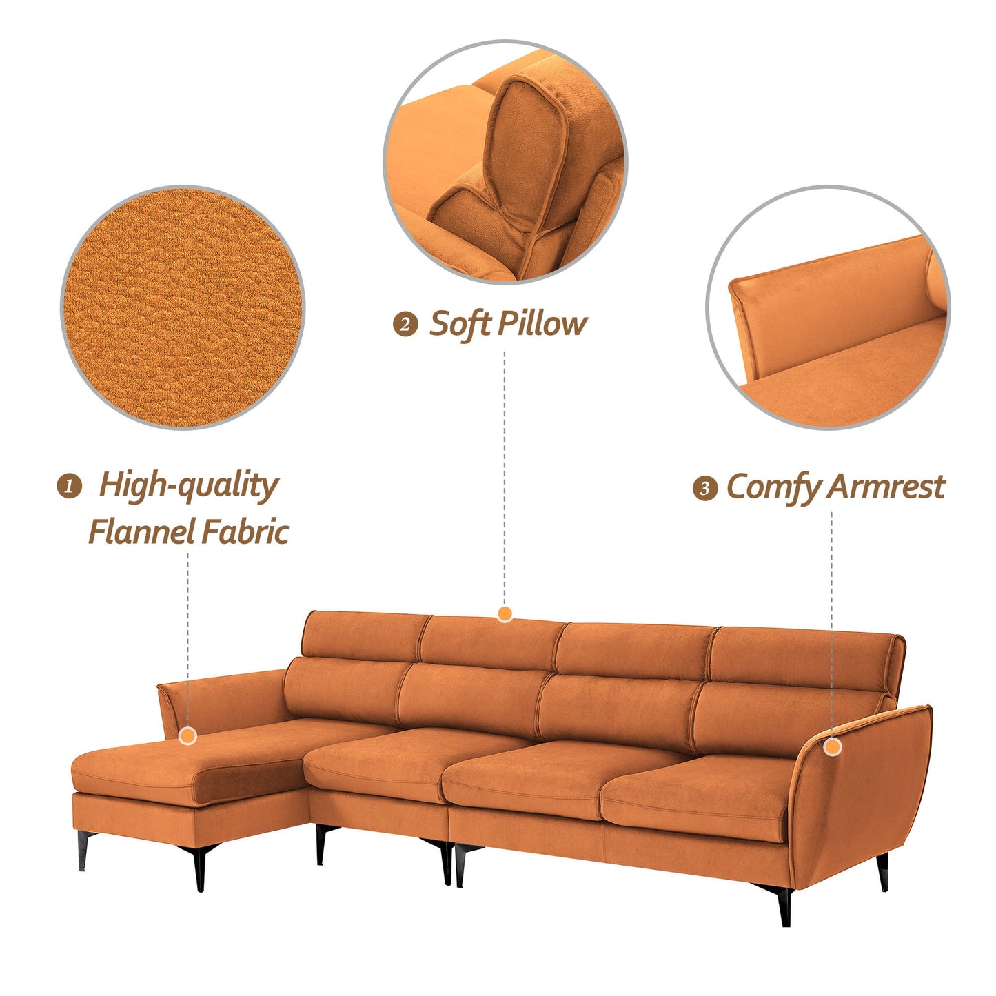 Convertible Flannel L-Shape Sectional Sofa with Left/Right Chaise