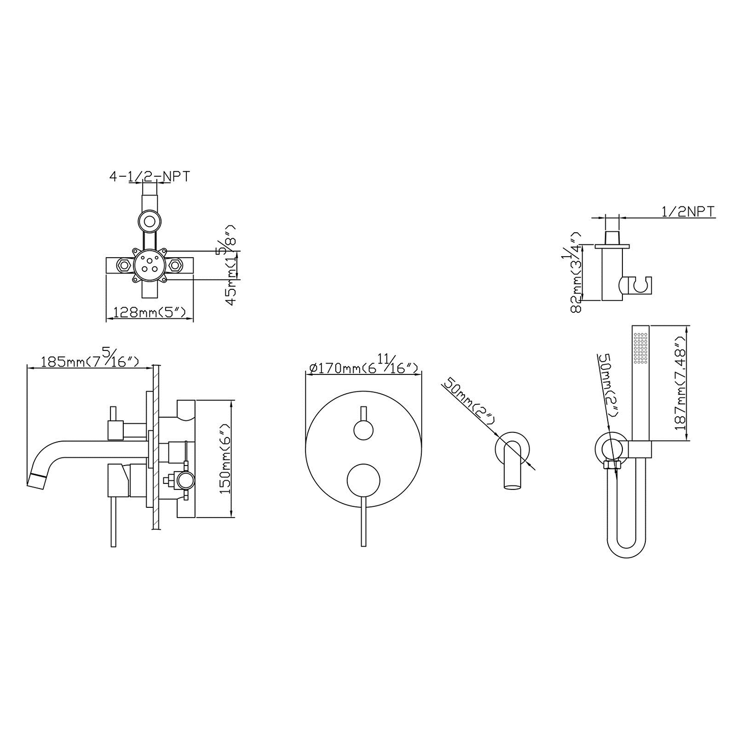 Matte Black 1-Handle Tub and Shower Faucet Set with Handheld Spray