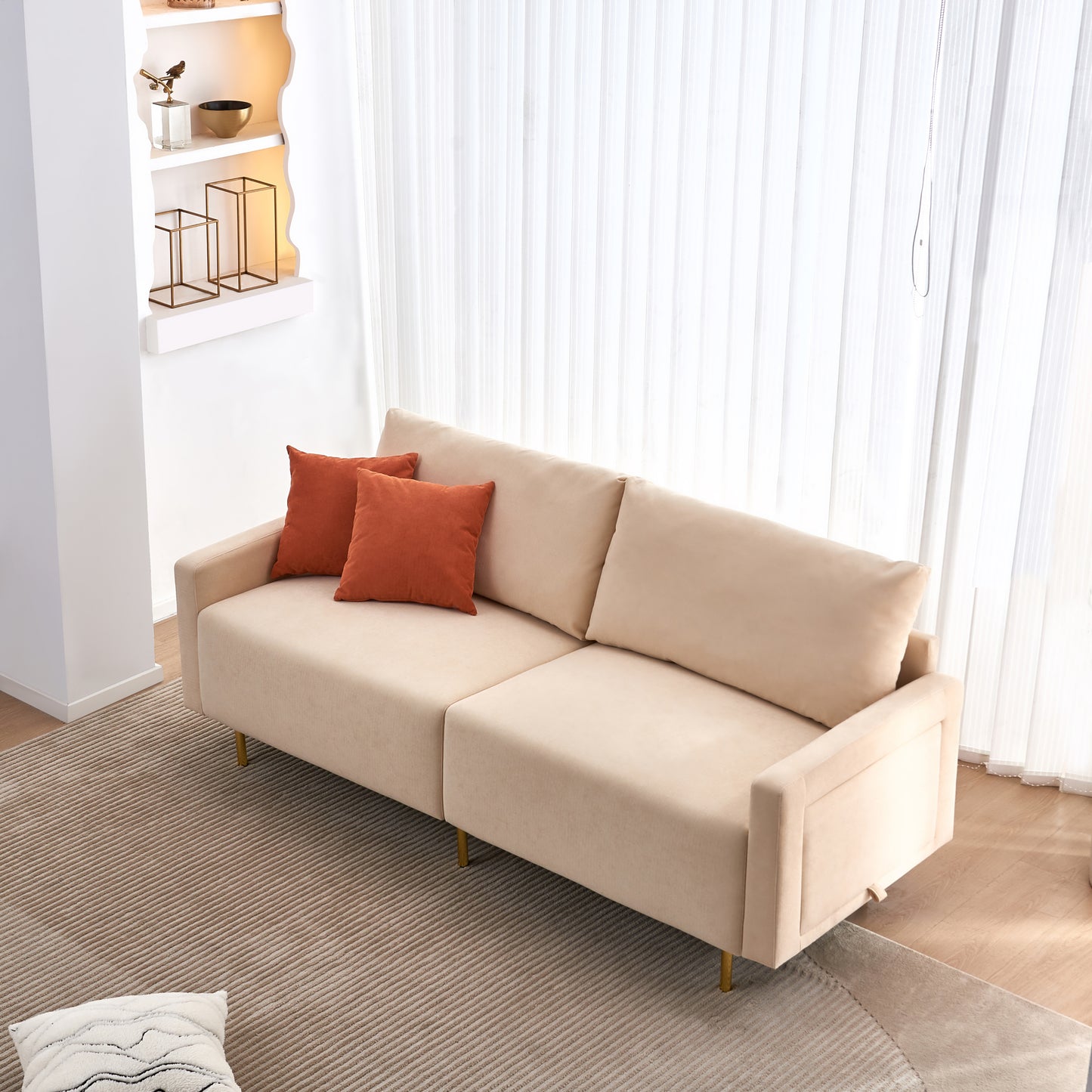 72.8 Beige Linen Sofa with Adjustable Arm Table Tray and Tool-Free Assembly