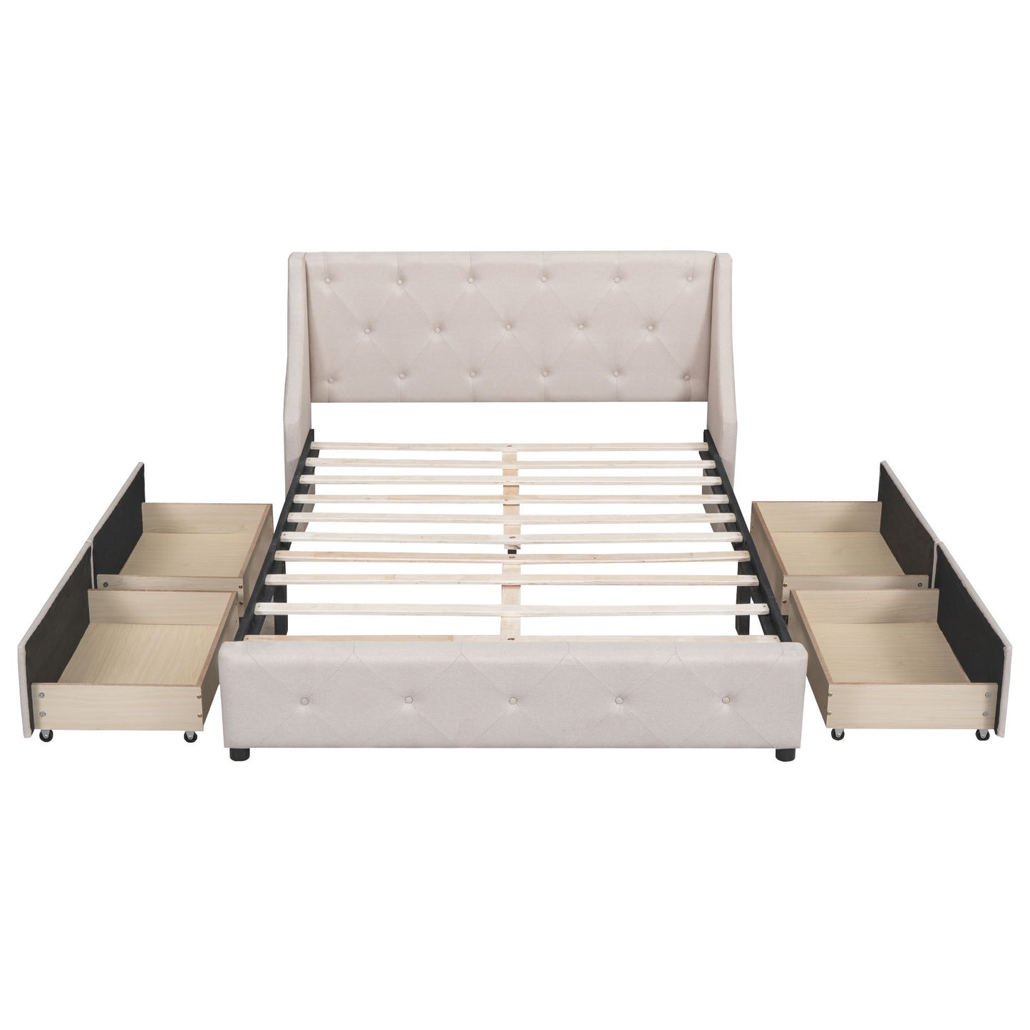 Upholstered Platform Bed with Wingback Tufted Headboard and 4 Drawers, No Box Spring Needed, Linen Fabric, Queen Size Beige