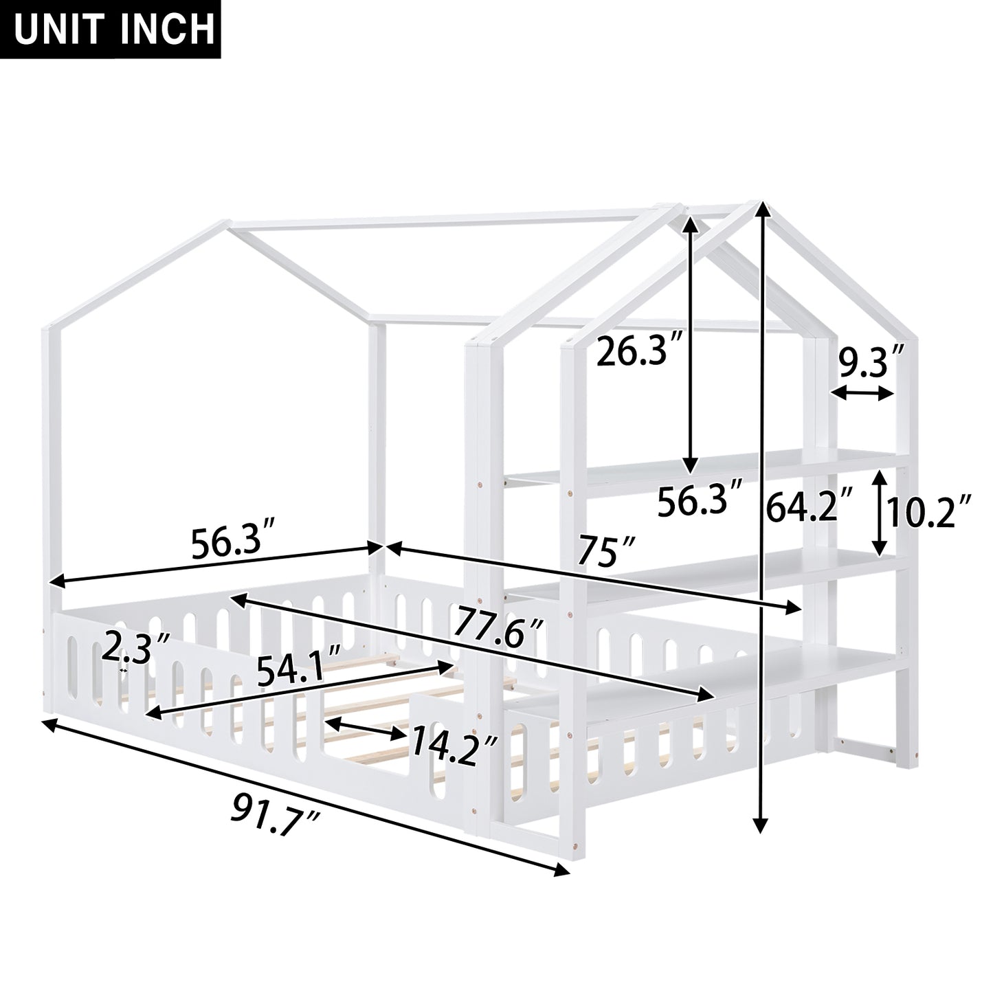 Full Size Wood House Bed with Fence and Detachable Storage Shelves, White(Expected Arrival Time: 1.7)