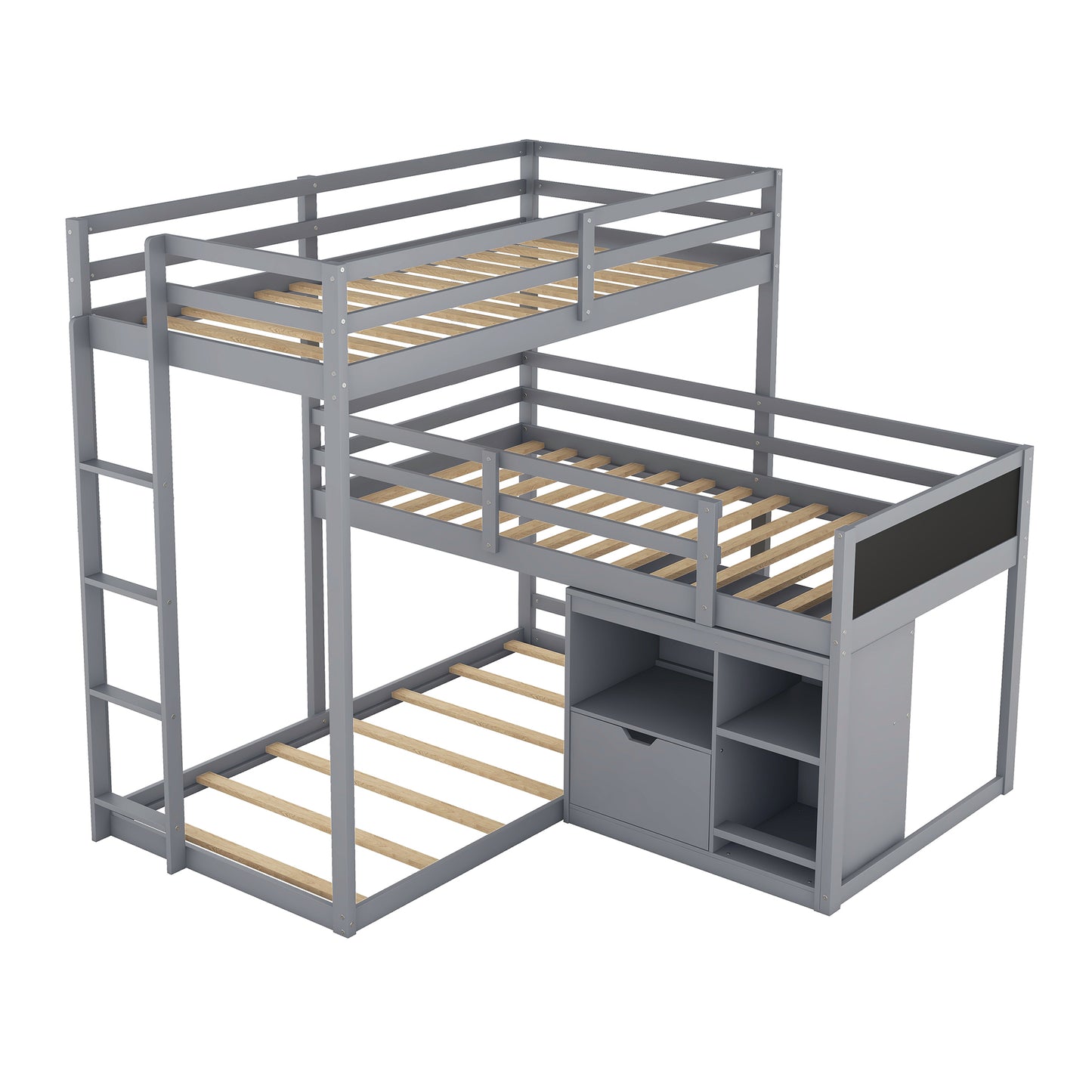 Gray L-shaped Triple Bunk Bed with Storage and Blackboard