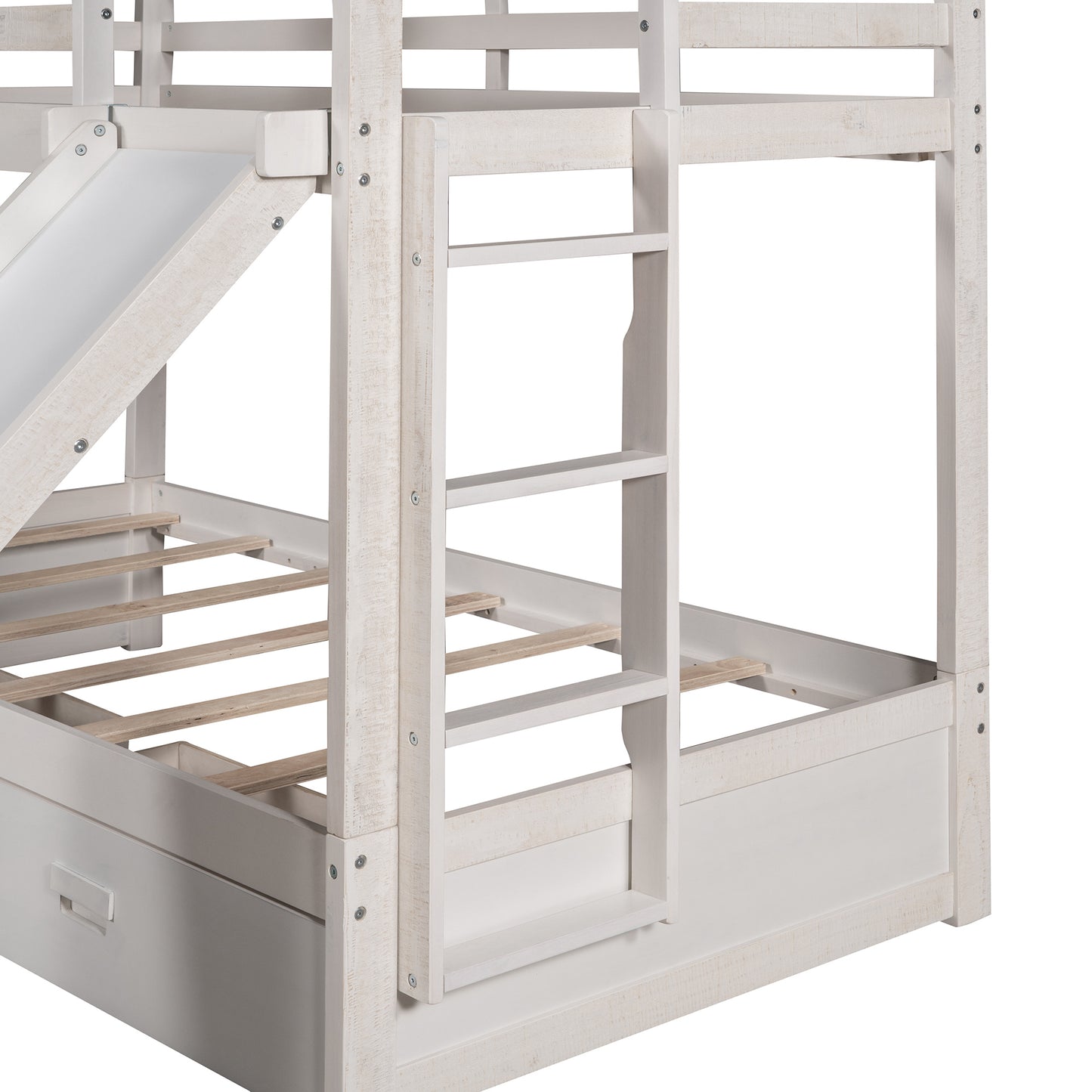 House-Shaped Twin Bunk Bed with Slide and Storage Drawers, Antique White