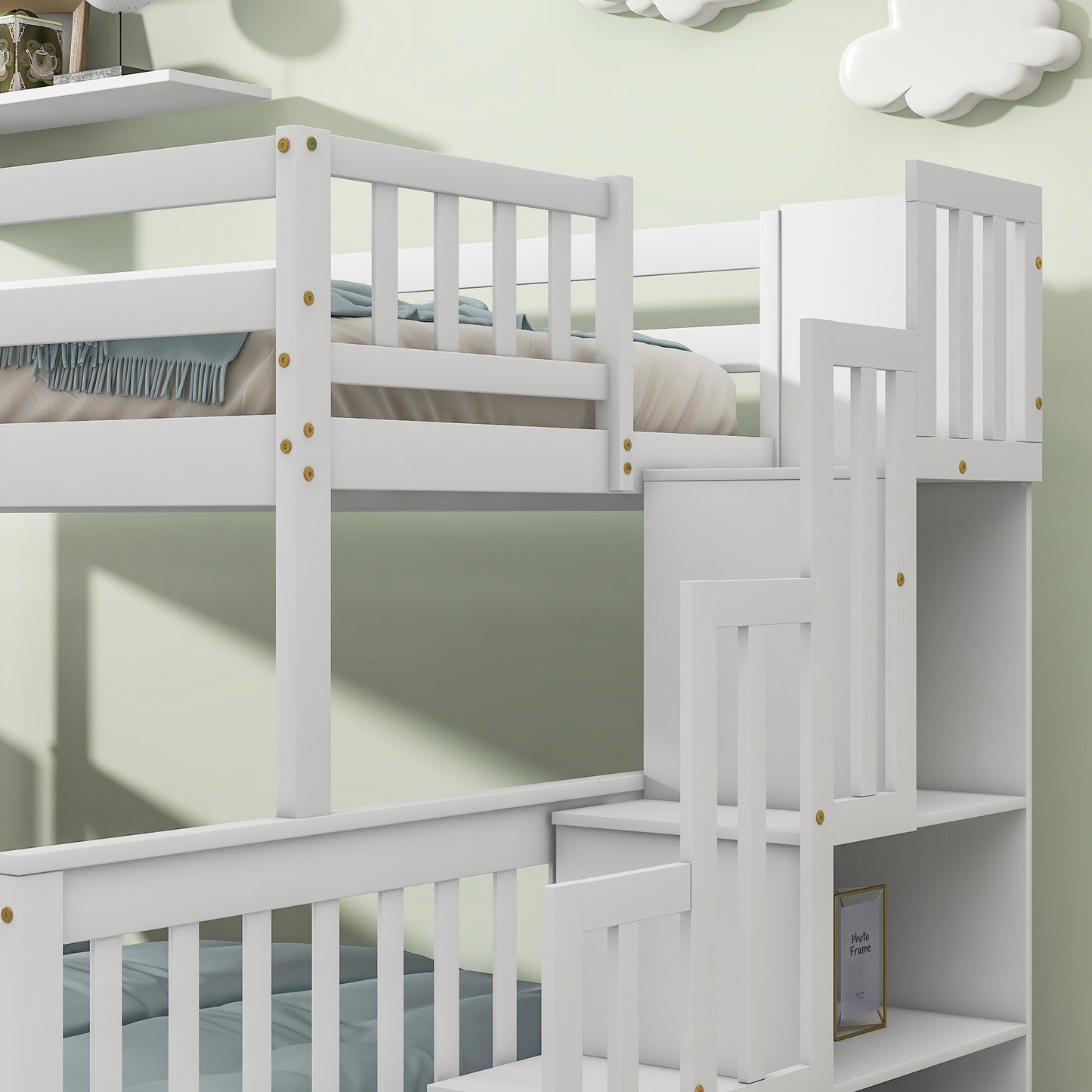 Convertible Twin Over Full Bunk Bed with Staircase and Drawers - White Wood Twin-Size Loft Bed