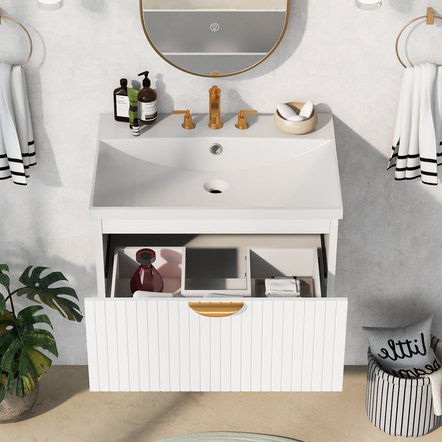 Modern 24-Inch Wall-Mounted Bathroom vanity with 2 Drawers, White  - Ideal for Small Bathrooms