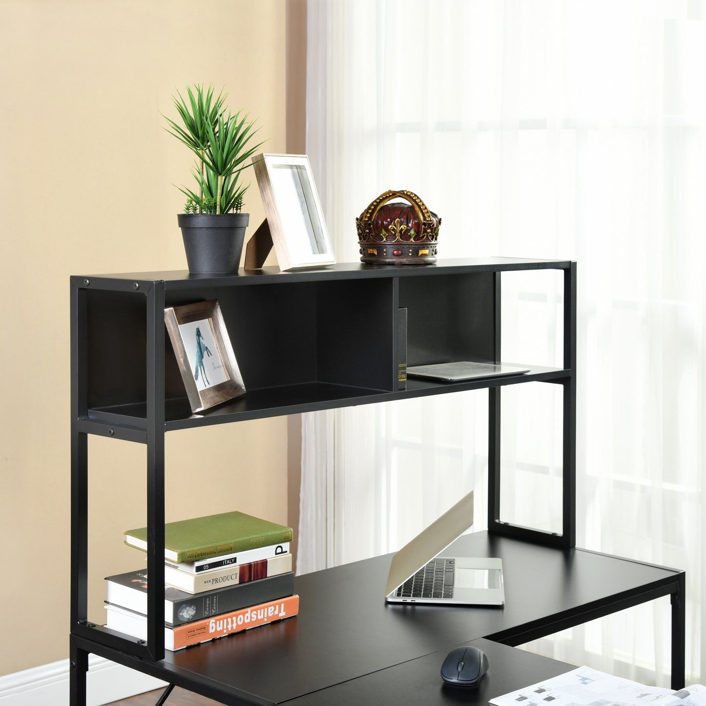 Spacious Industrial L-Shaped Desk with Hutch and Storage Shelves for Gaming