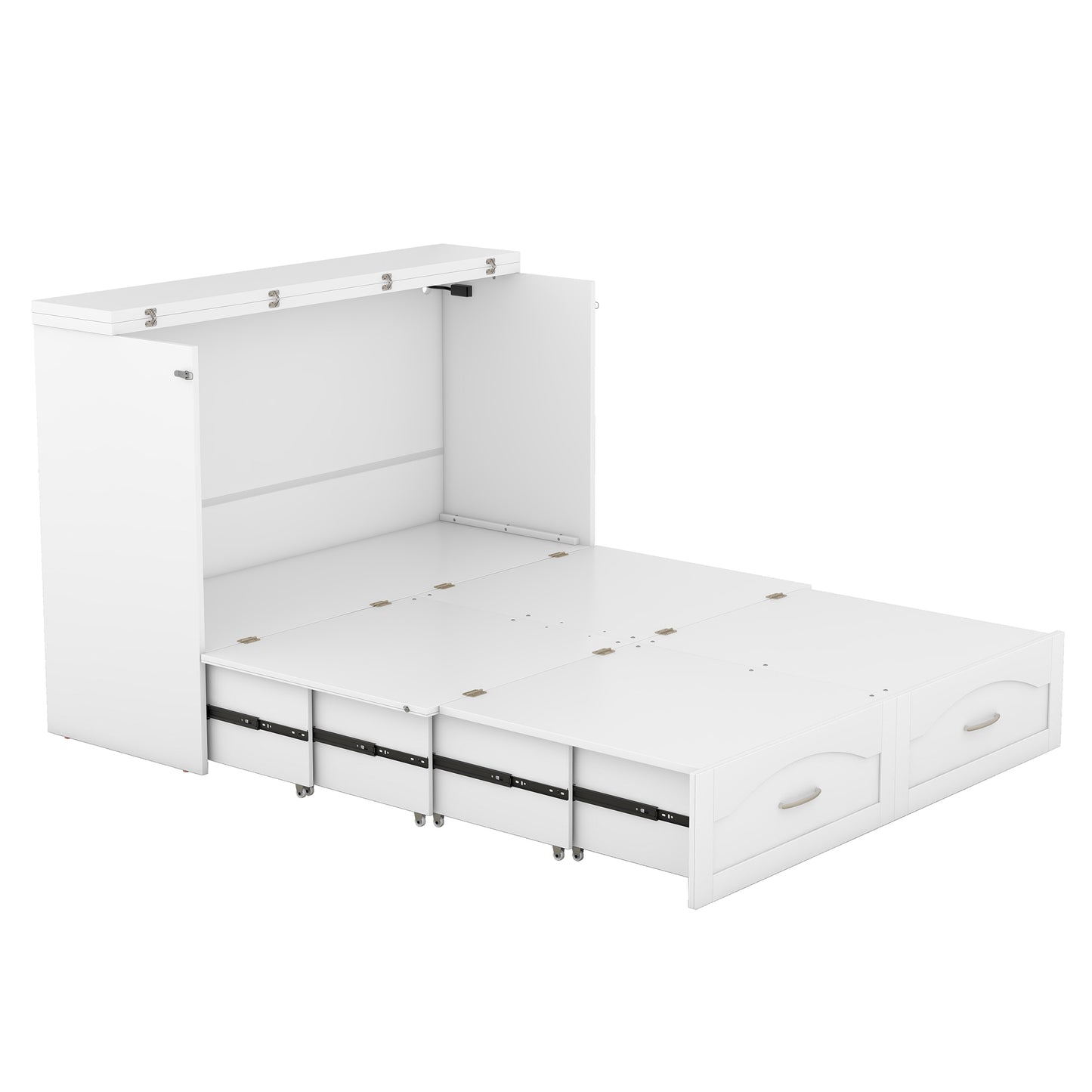 Full Size Murphy Bed Wall Bed with drawer and a set of Sockets & USB Ports, Pulley Structure Design, White