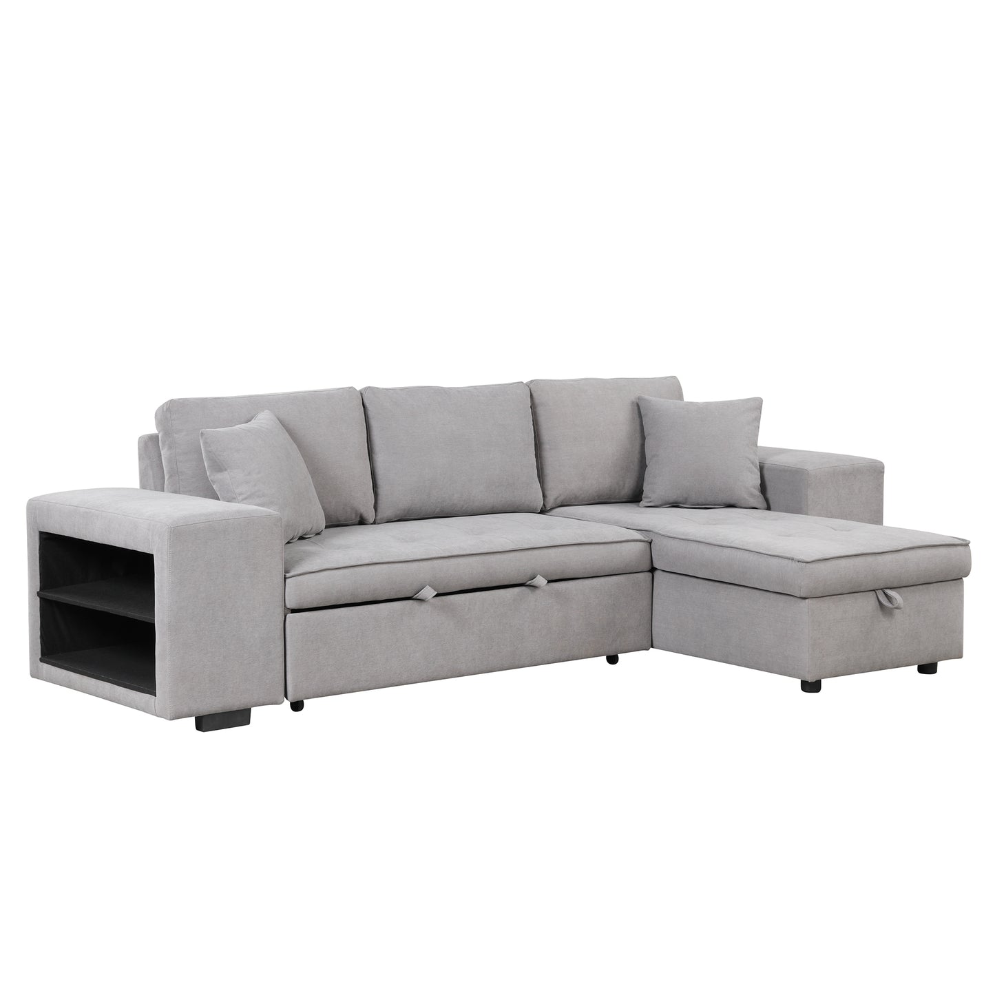 Gray L-Shape Sleeper Sectional Sofa with Storage Chaise and 2 Stools