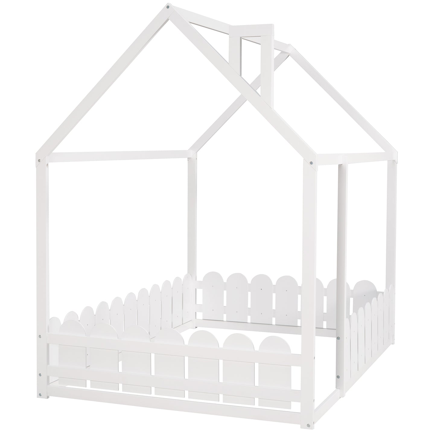 Full Size Wood Bed House Bed Frame with Fence,for Kids,Teens,Girls,Boys (White)