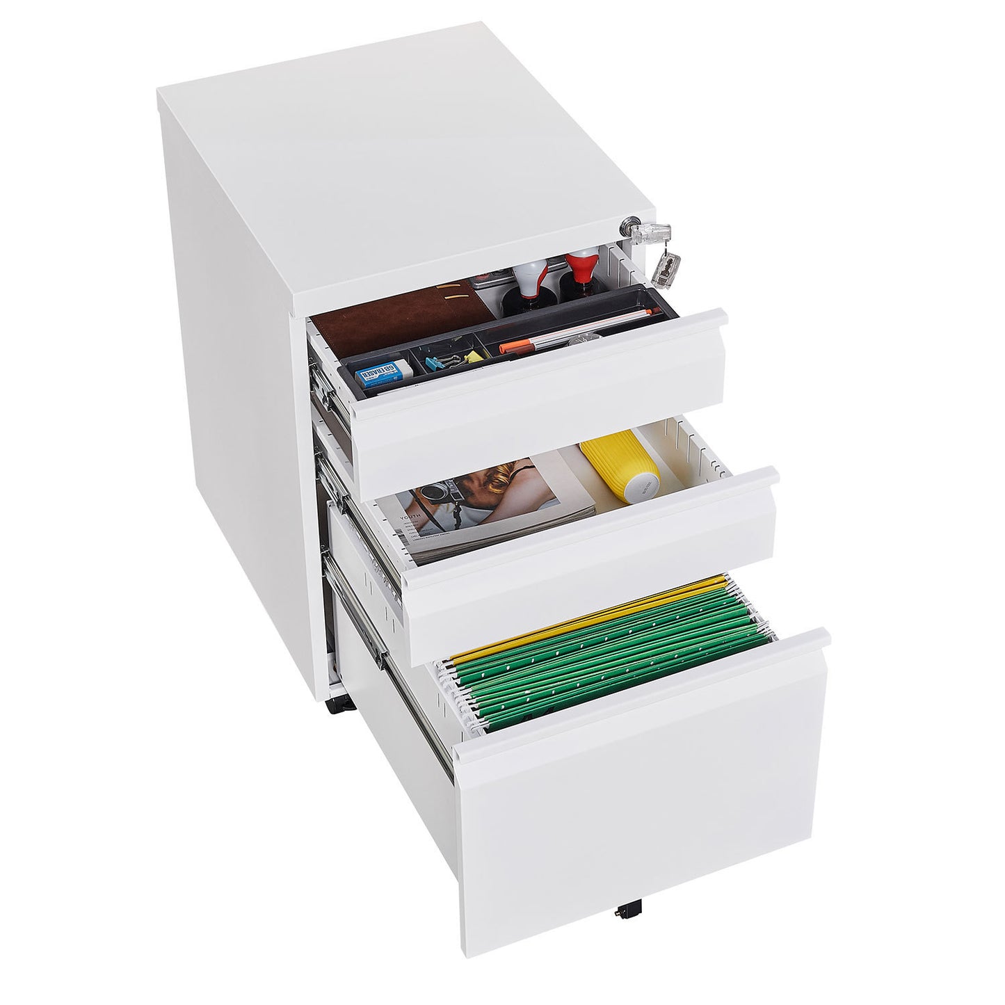 Mobile 3-Drawer Filing Cabinet with Lock, White Metal Office Storage for Legal/Letter Size Files