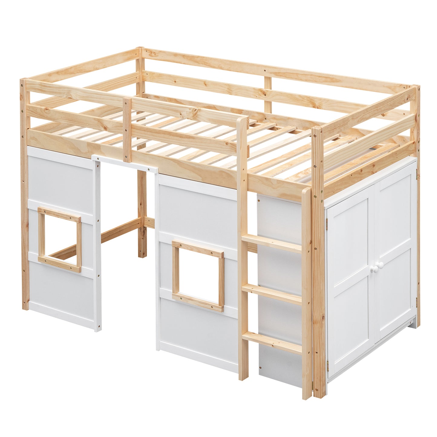 Wood Twin Size Loft Bed with Built-in Storage Wardrobe and 2 Windows, Natural/White