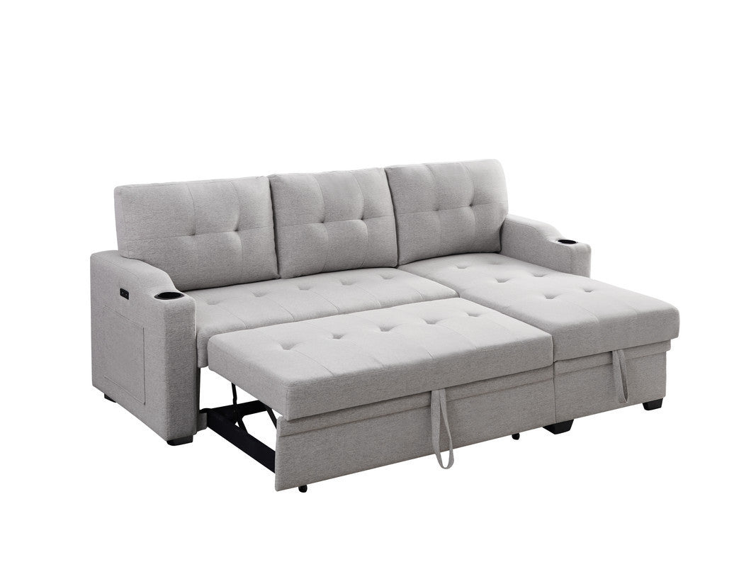 Mabel Light Grey Linen Fabric Sleeper Sectional with Cupholder, USB Charging Port, and Pocket for Modern Comfort.