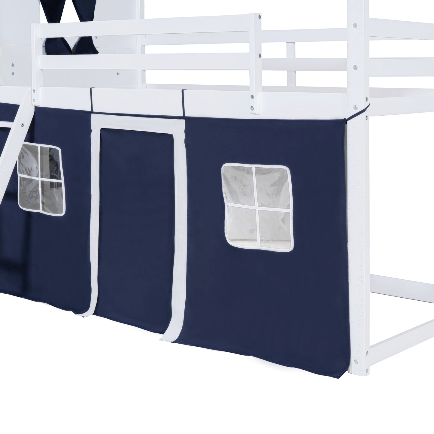 Twin Size Bunk Wood House Bed with Elegant Windows, Sills and Tent,  Blue+White