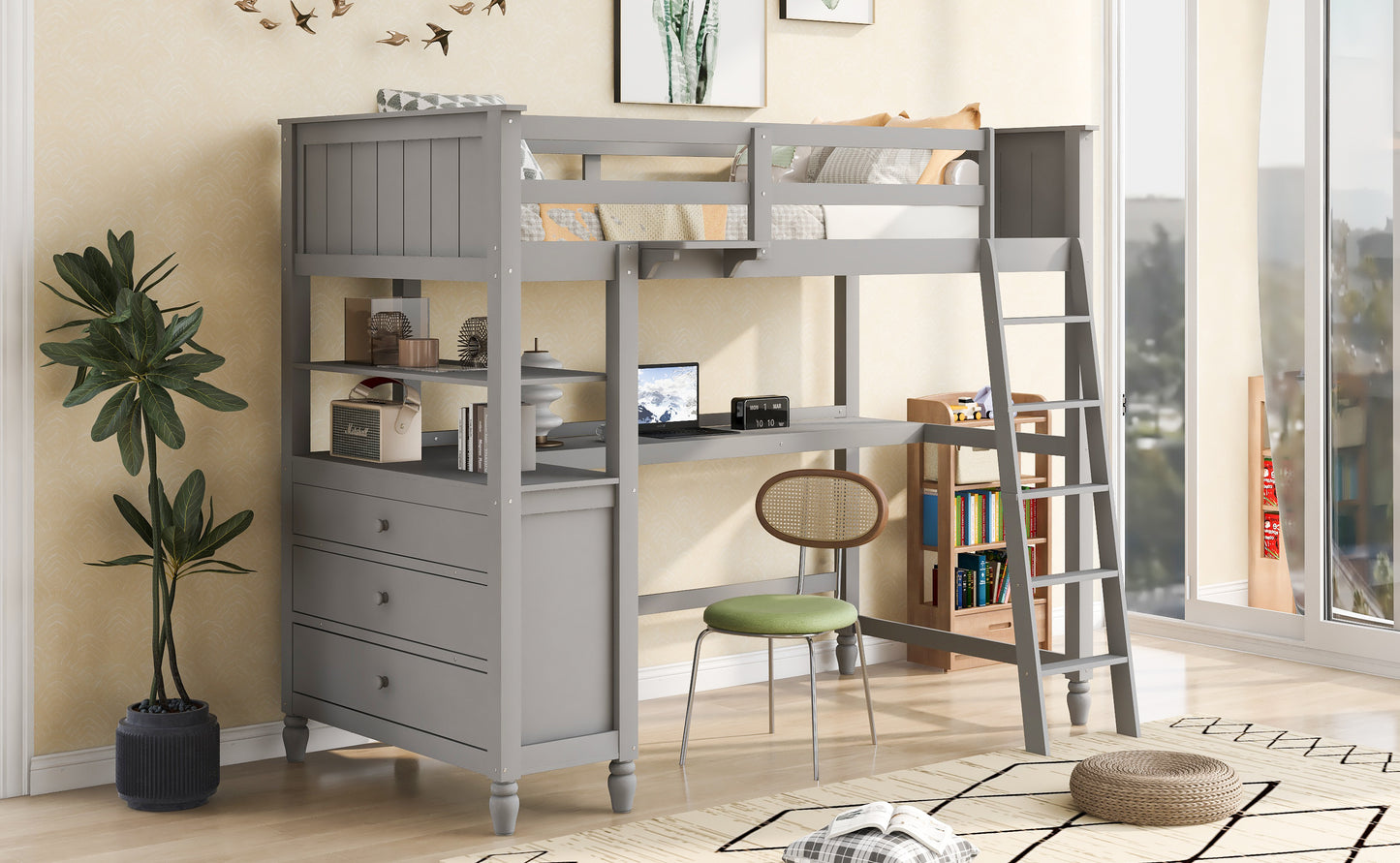 Twin size Loft Bed with Drawers and Desk, Wooden Loft Bed with Shelves - Gray(: LT001530AAE)