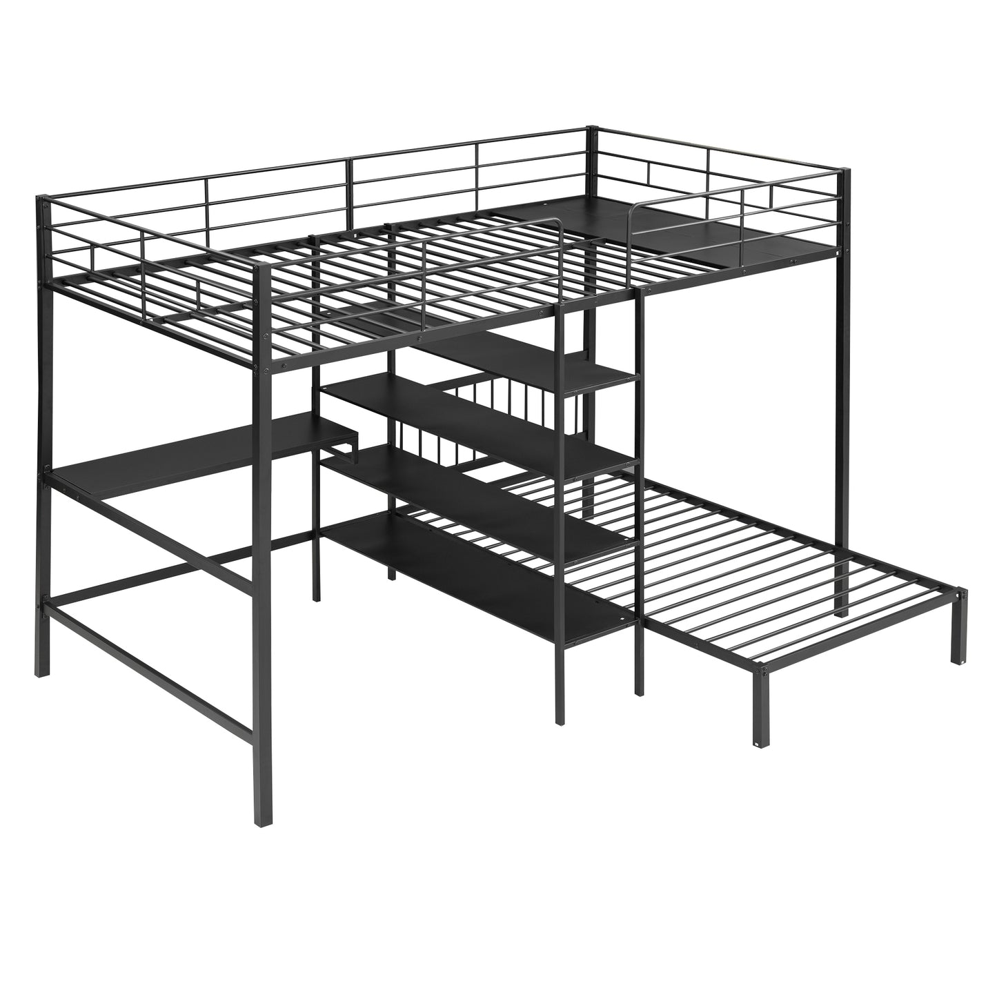 Black Metal Bunk Bed with Desk, Shelves, and Ladder