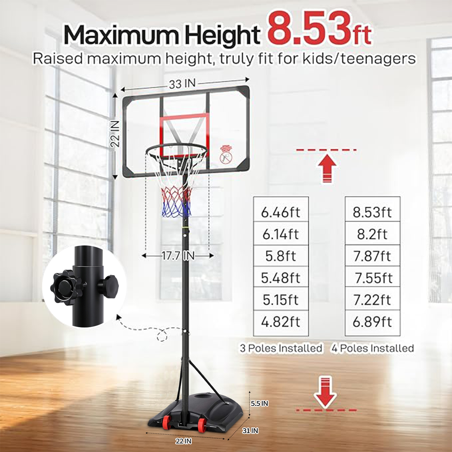 Basketball System,Adjustable Height 77" - 102"(6.46ft - 8.53ft) Portable Impact Backboard Outdoor Basketball Hoop with 33" PE Backboard for Adult