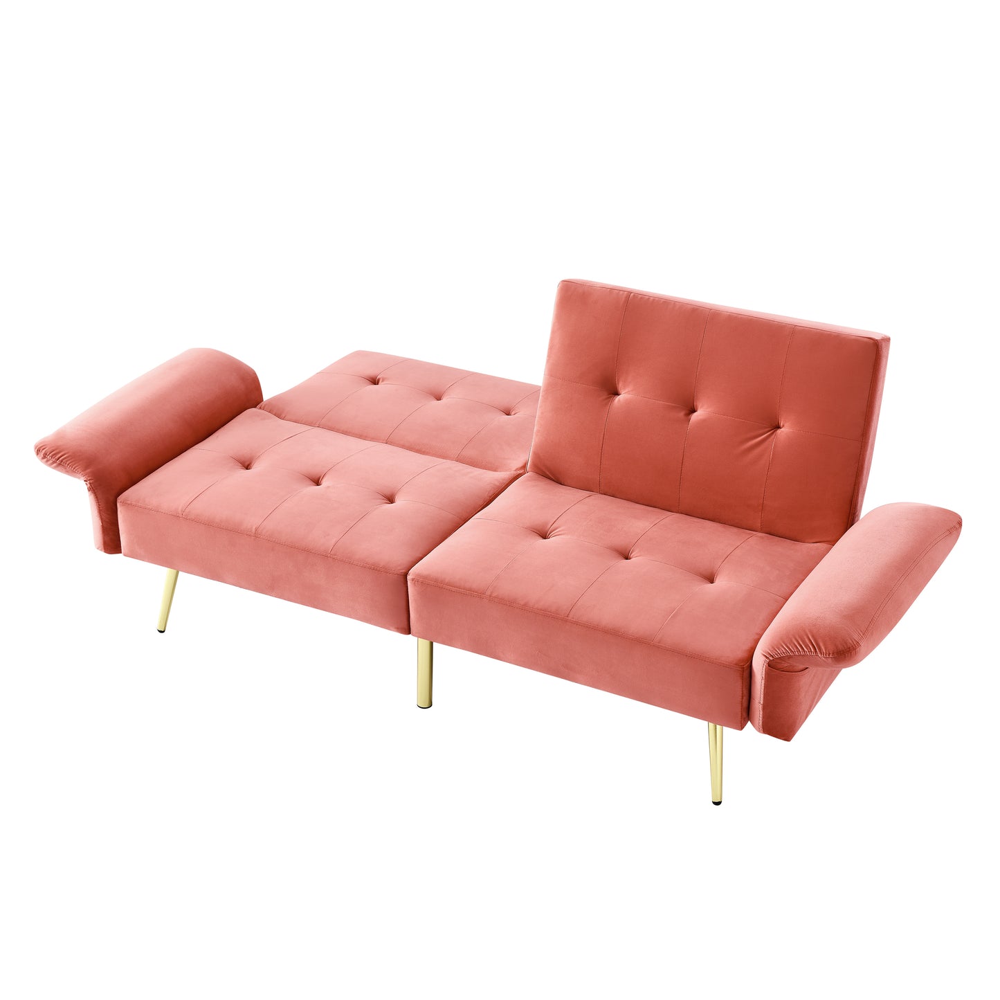 Pink Italian Velvet Convertible Sleeper Sofa Bed with Folded Armrests and Storage Bags