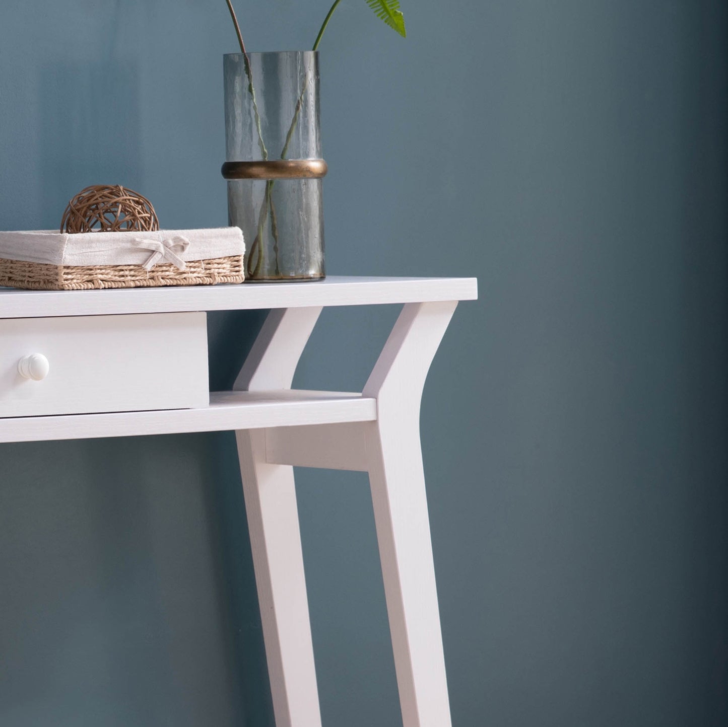 White Console Desk with Drawer and Side Shelves