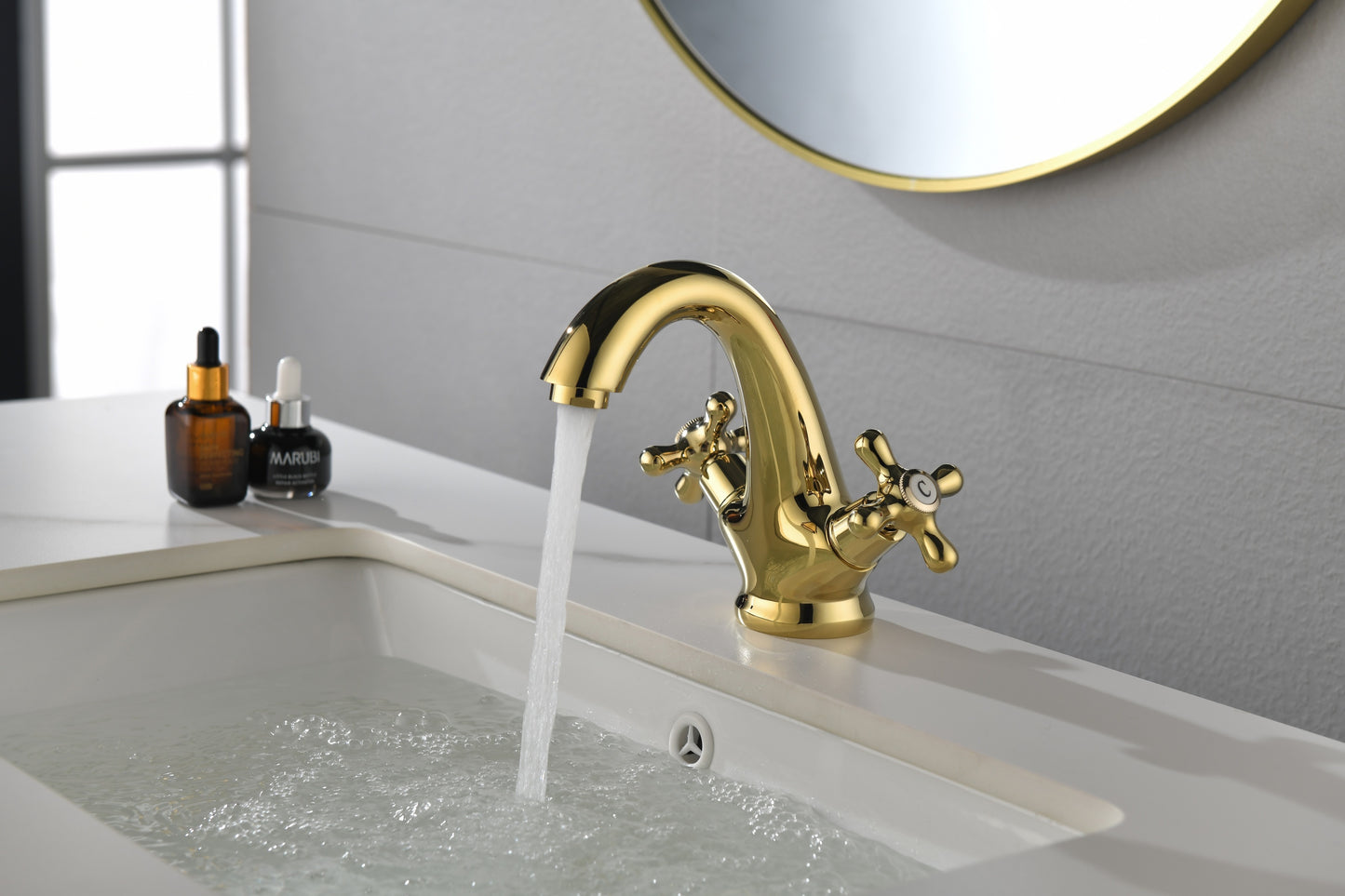 Gold Polished Bathroom Sink Faucet with Double Cross Knobs and Cover Plate